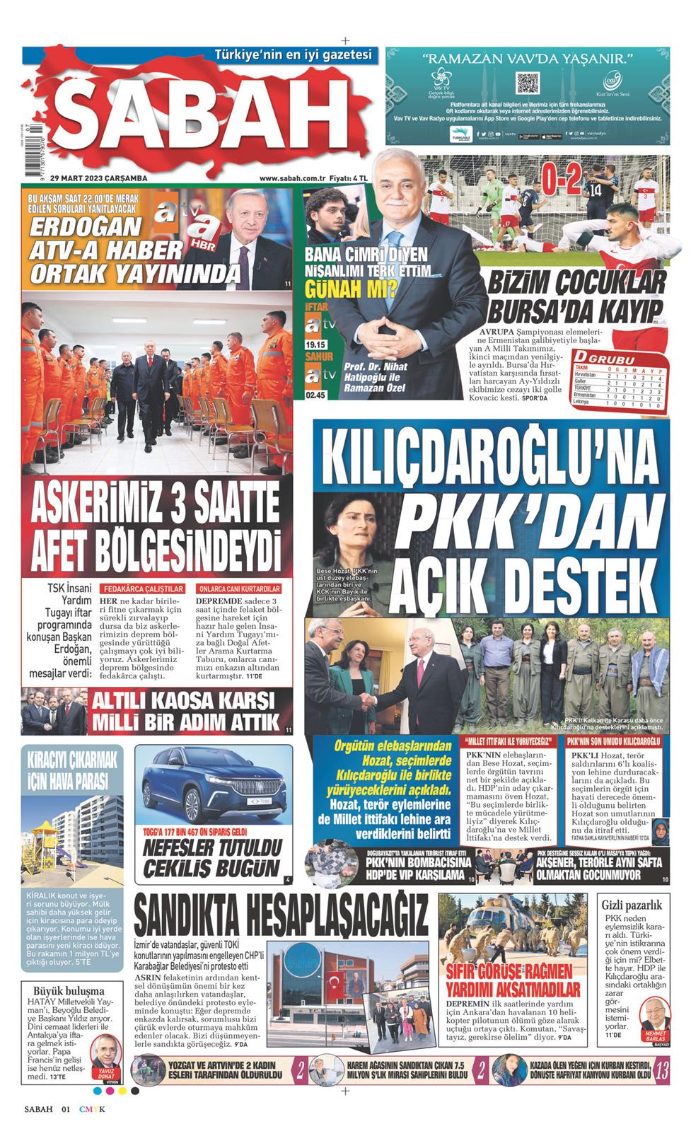 29 Mart 2023 Çarşamba - Sabah gazetesi manşet