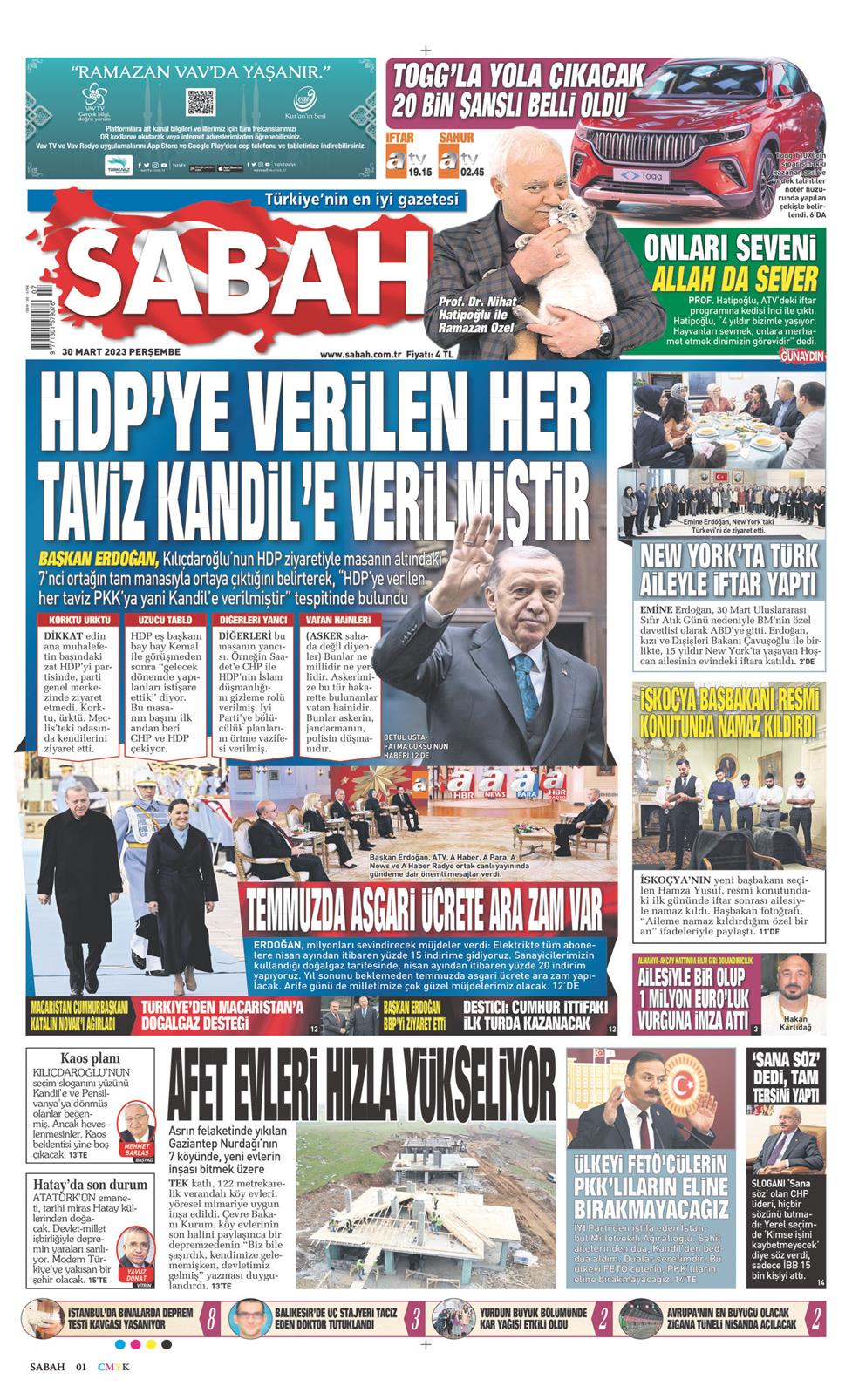 30 Mart 2023 Perşembe - Sabah gazetesi manşet
