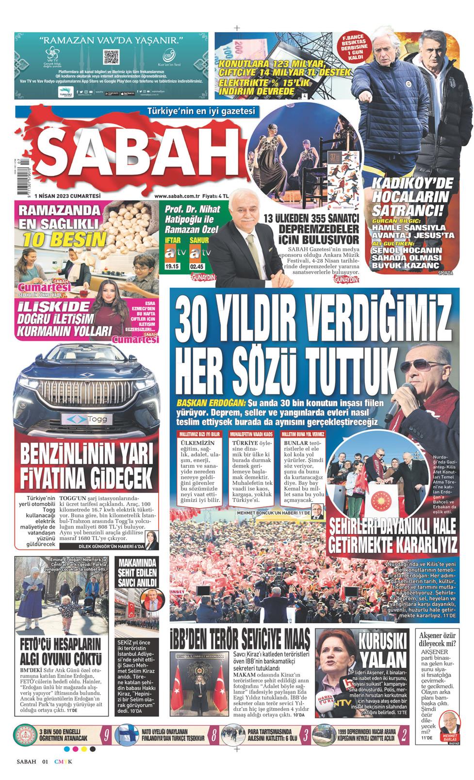 01 Nisan 2023 Cumartesi - Sabah gazetesi manşet