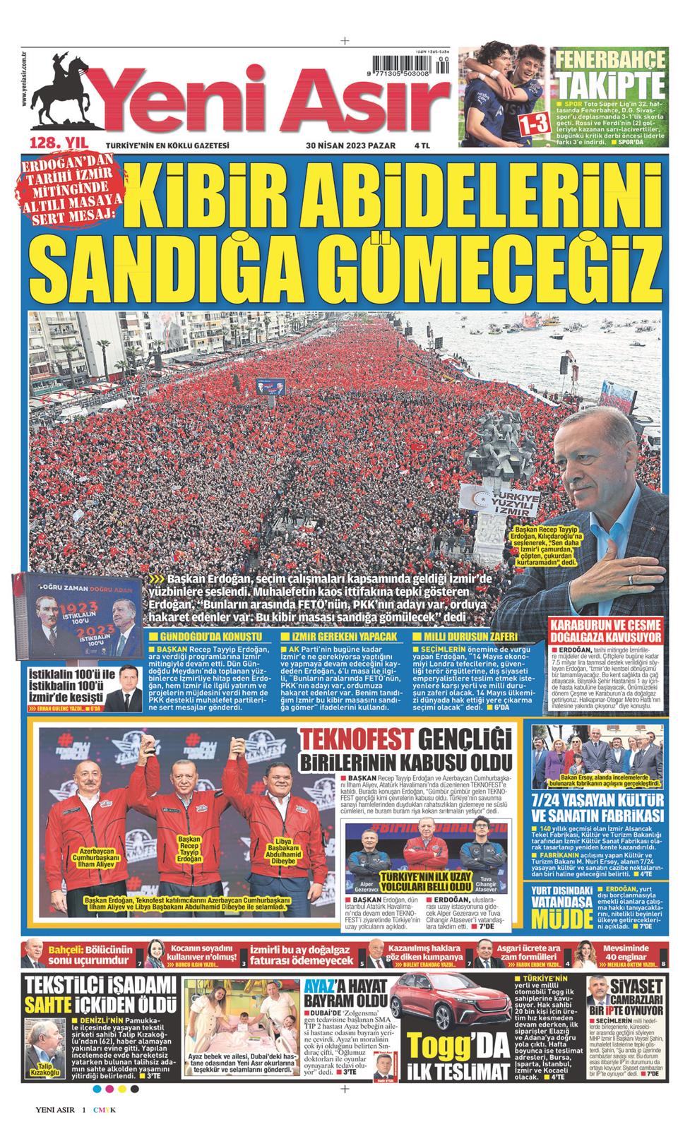 30 Nisan 2023 Pazar - Yeni Asır gazetesi manşet