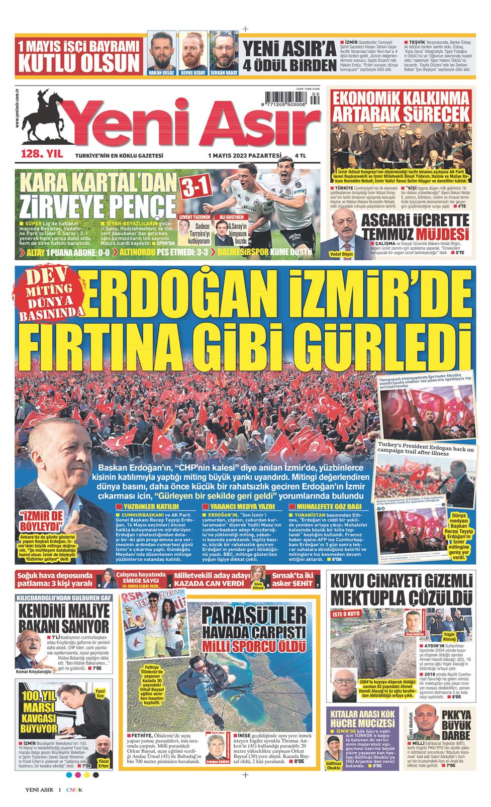 01 Mayıs 2023 Pazartesi - Yeni Asır gazetesi manşet