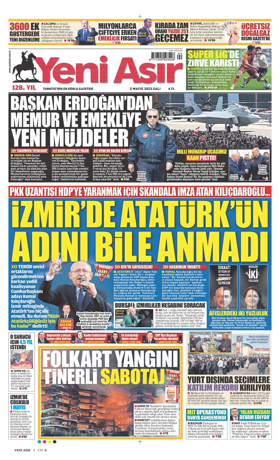 02 Mayıs 2023 Salı - Yeni Asır gazetesi manşet