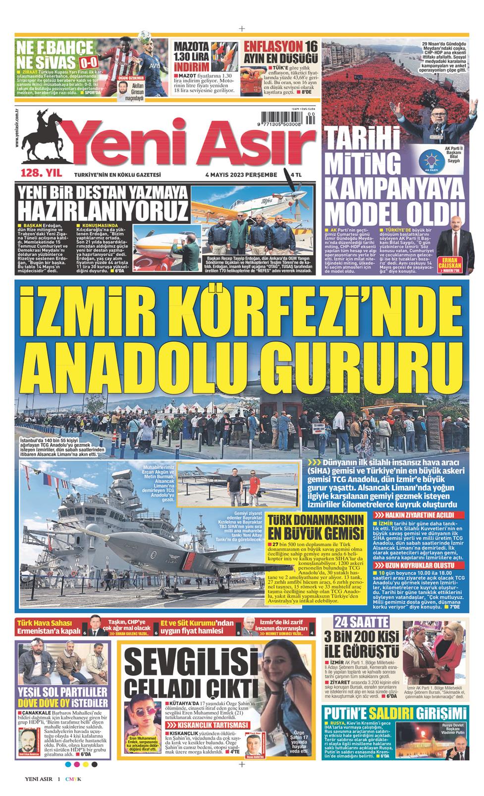 04 Mayıs 2023 Perşembe - Yeni Asır gazetesi manşet