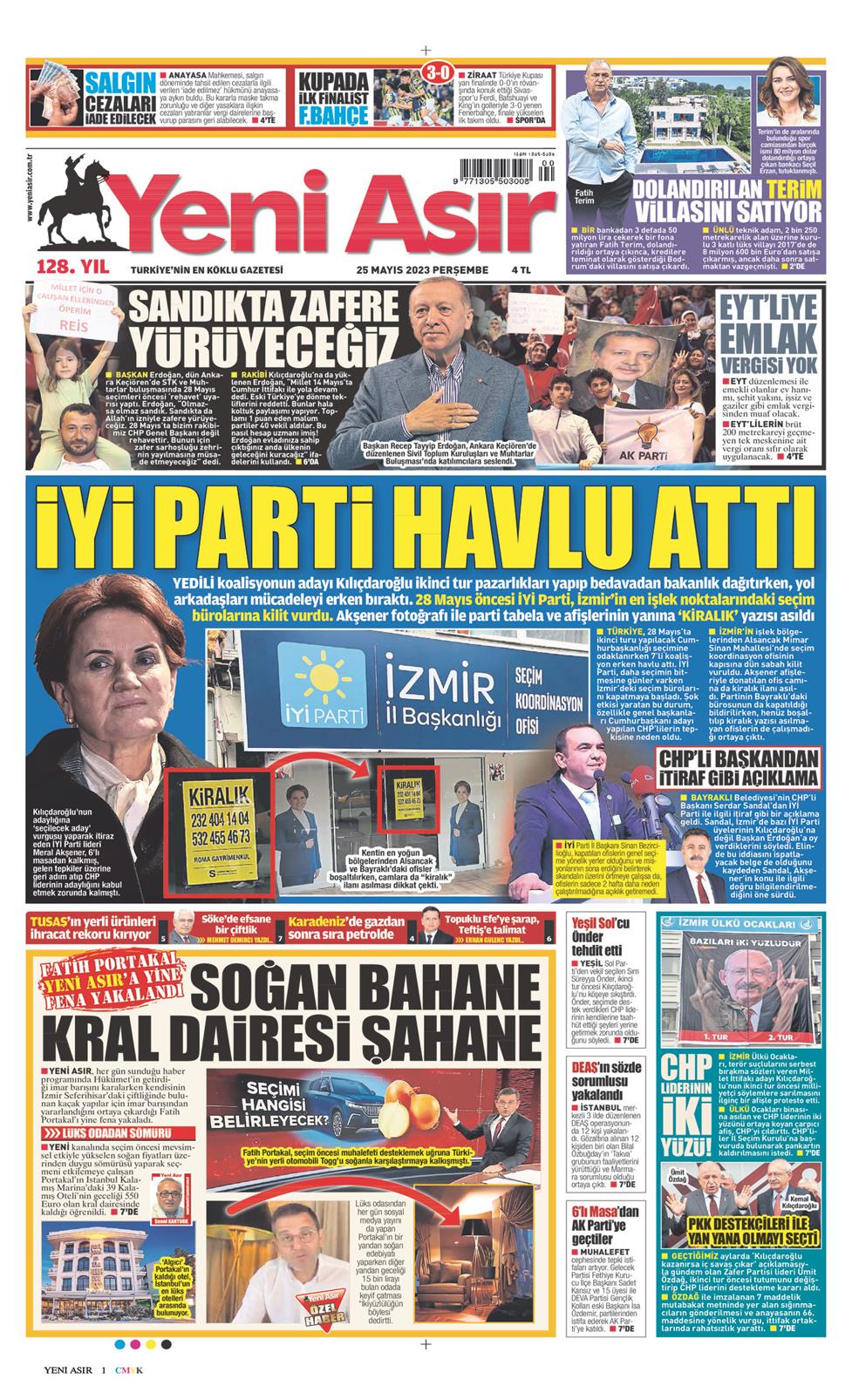 25 Mayıs 2023 Perşembe - Yeni Asır gazetesi manşet