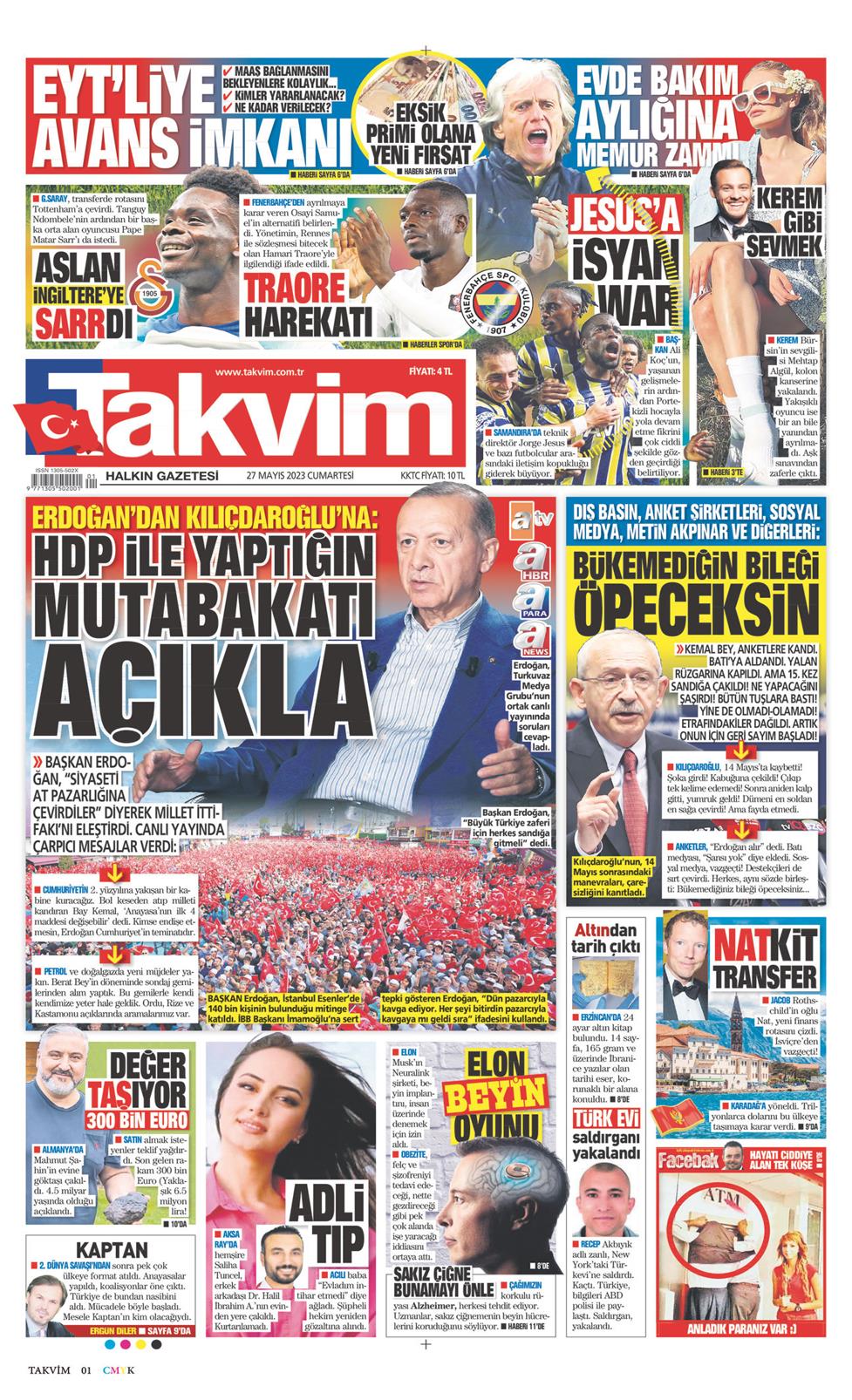 27 Mayıs 2023 Cumartesi - Takvim gazetesi manşet