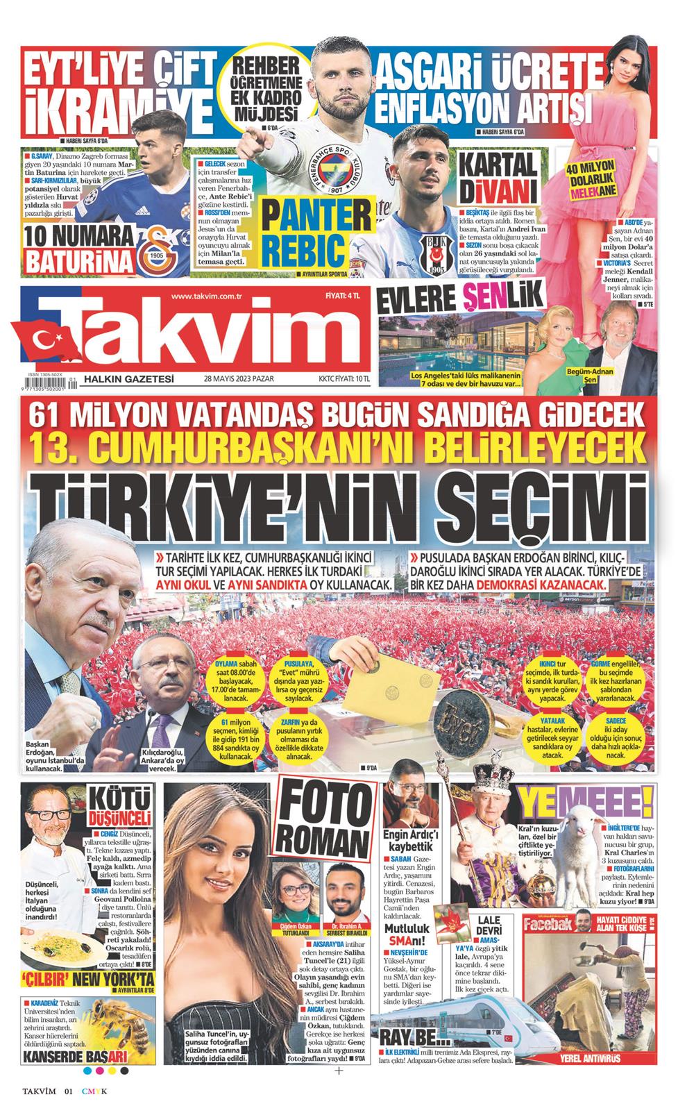 28 Mayıs 2023 Pazar - Takvim gazetesi manşet