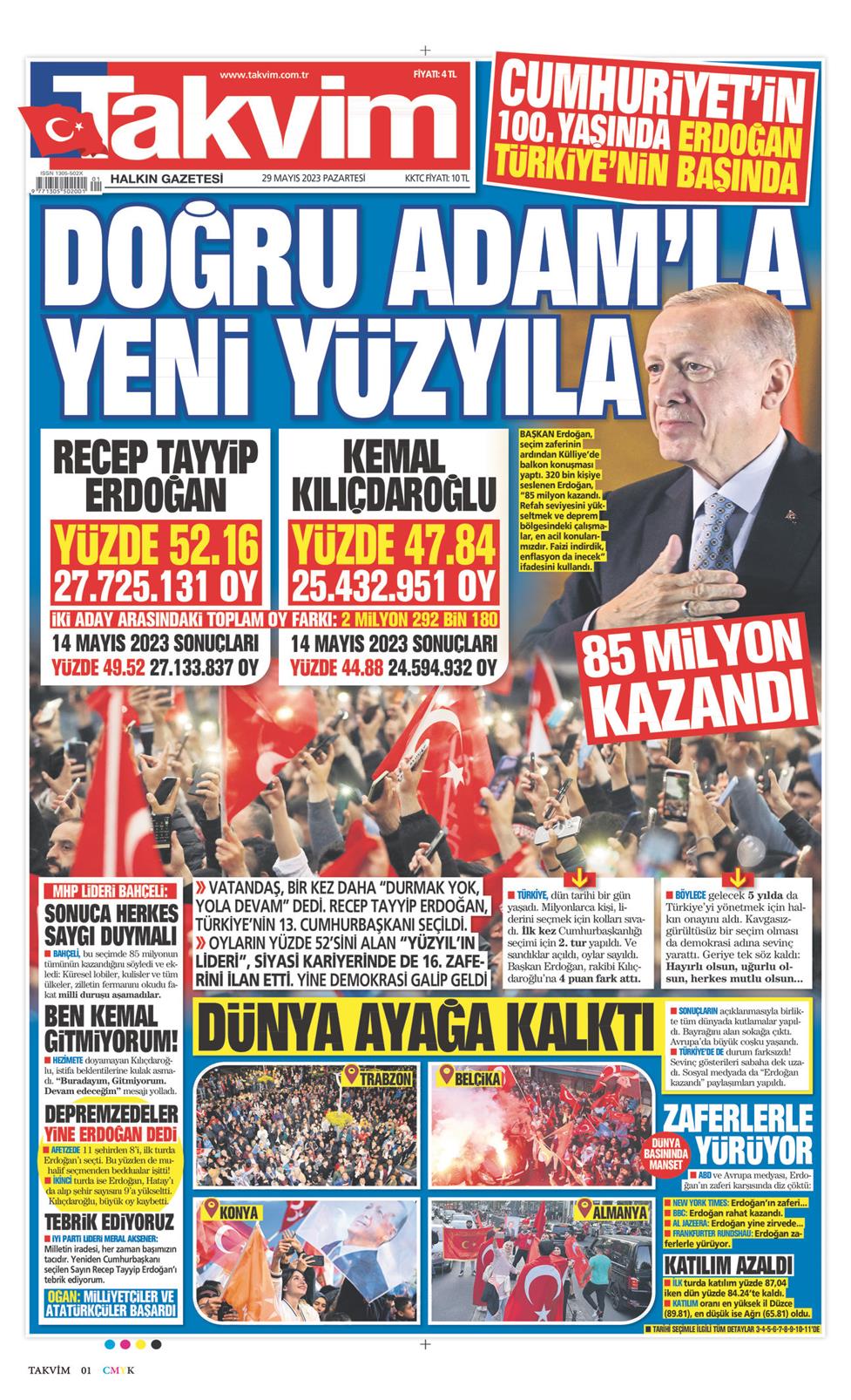 29 Mayıs 2023 Pazartesi - Takvim gazetesi manşet