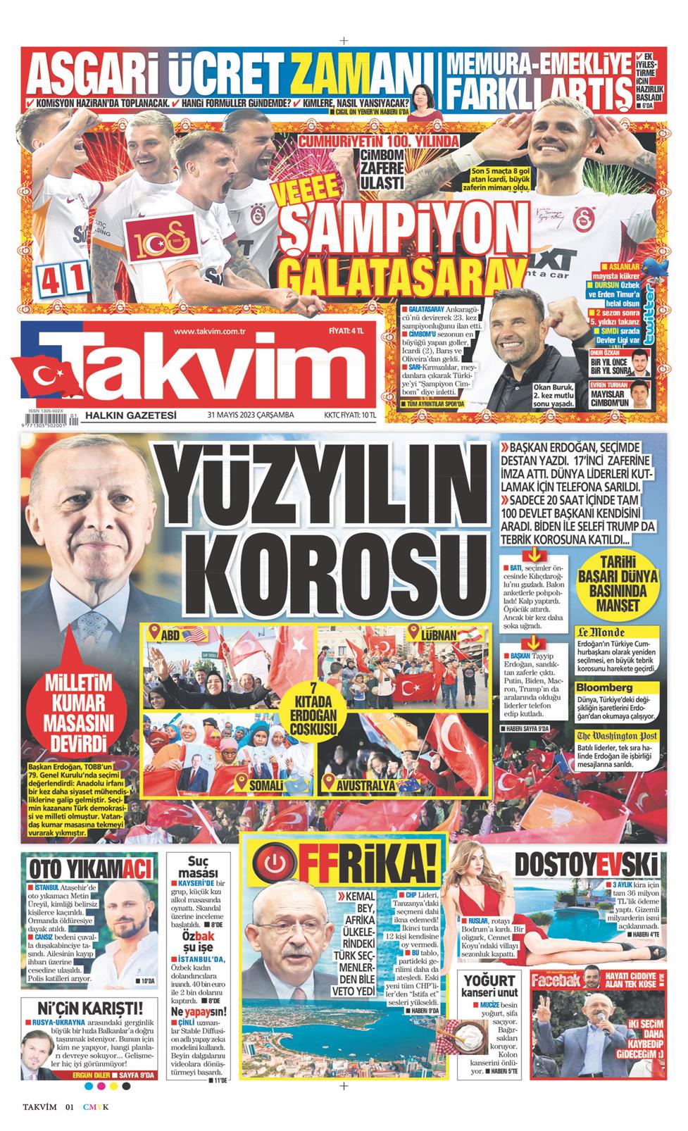 31 Mayıs 2023 Çarşamba - Takvim gazetesi manşet