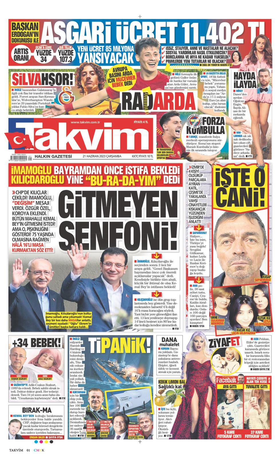 21 Haziran 2023 Çarşamba - Takvim gazetesi manşet