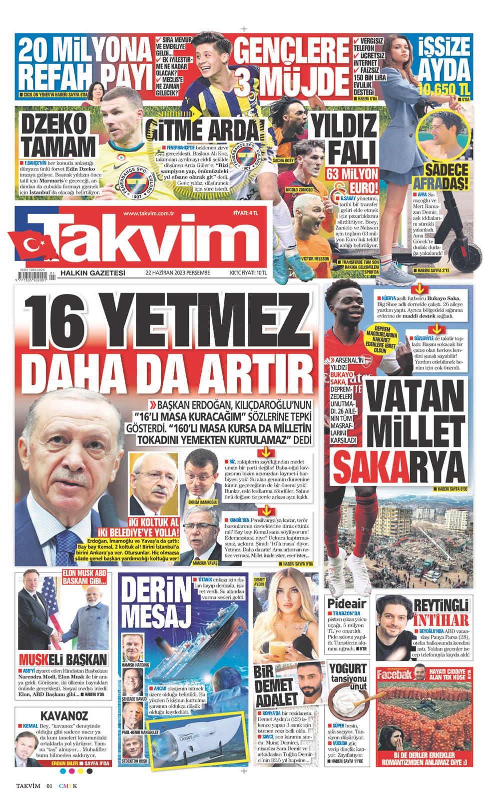 22 Haziran 2023 Perşembe - Takvim gazetesi manşet