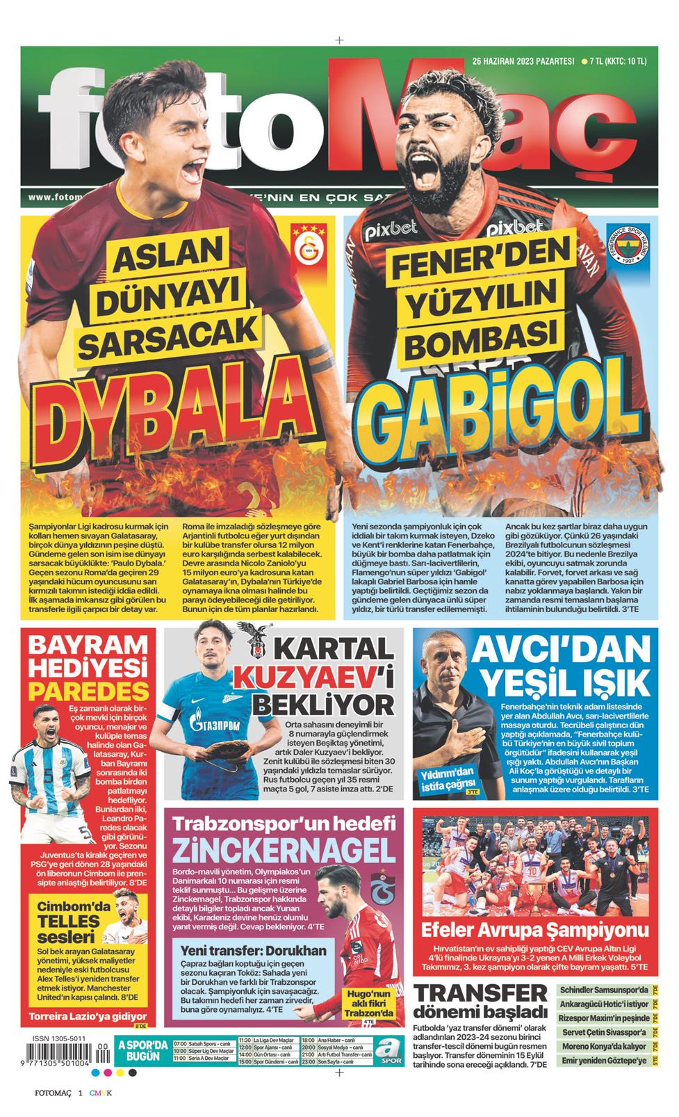 26 Haziran 2023 Pazartesi - Fotomaç gazetesi manşet