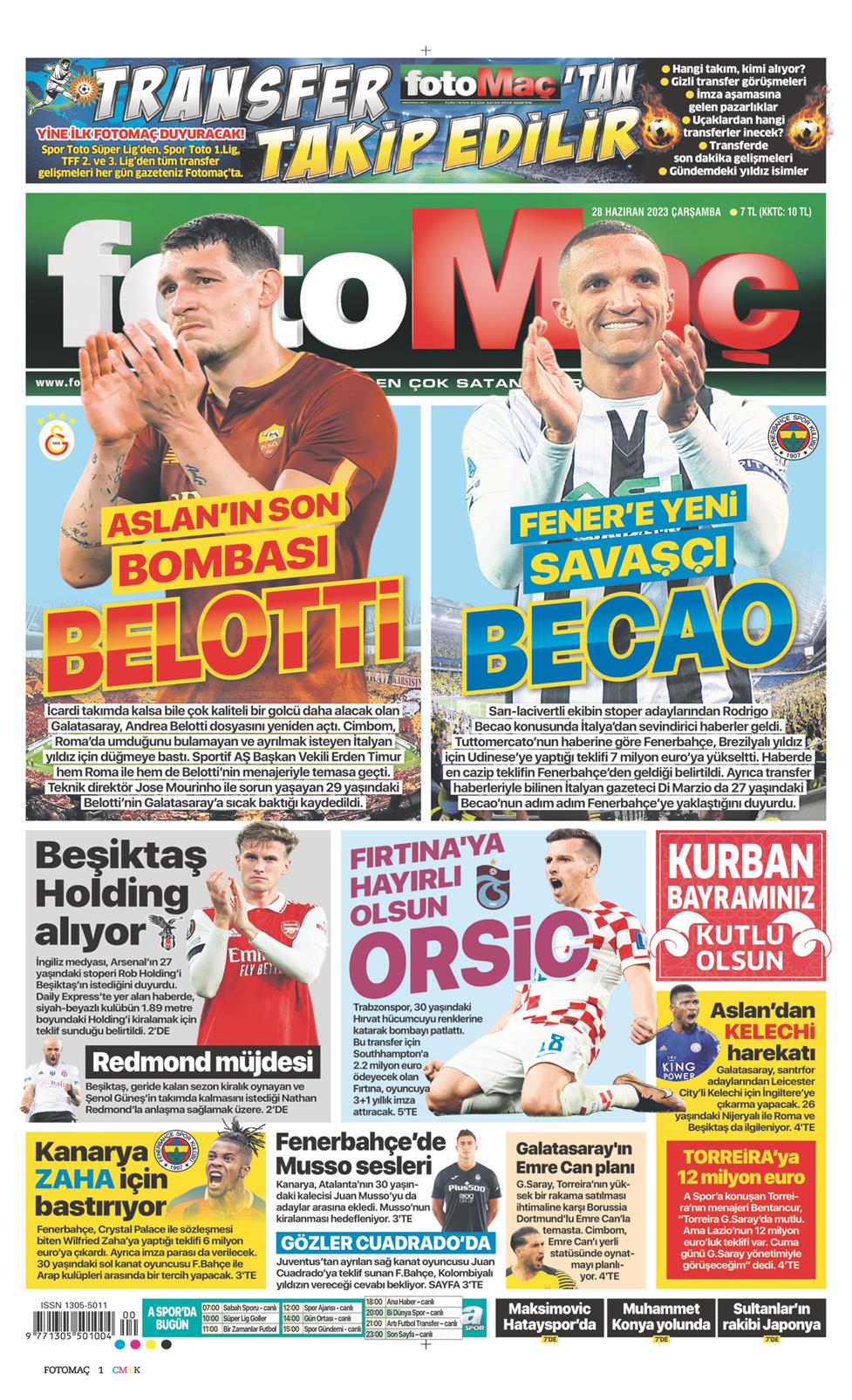 28 Haziran 2023 Çarşamba - Fotomaç gazetesi manşet