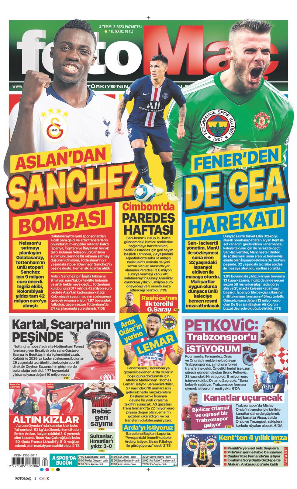 03 Temmuz 2023 Pazartesi - Fotomaç gazetesi manşet