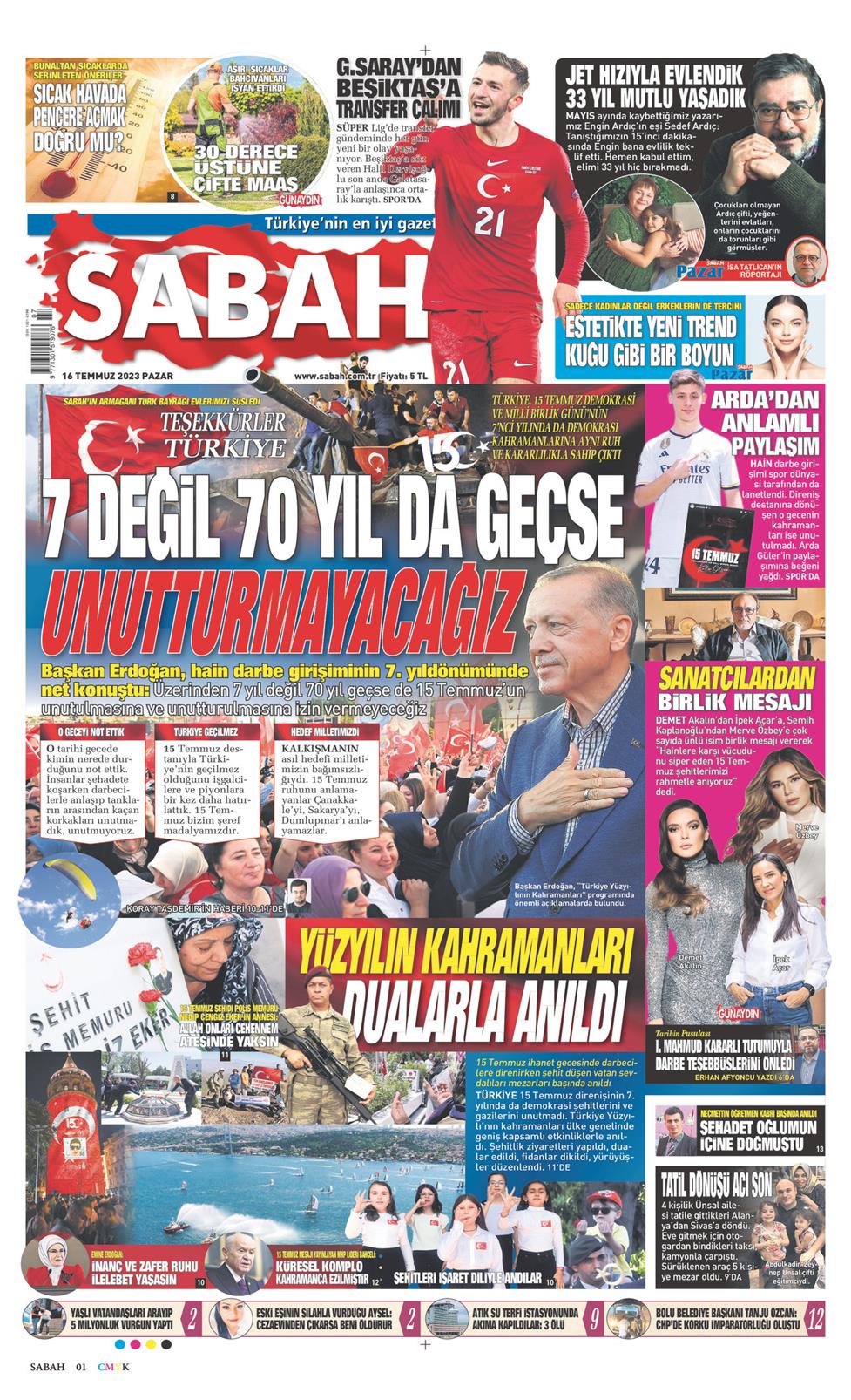 16 Temmuz 2023 Pazar - Sabah gazetesi manşet