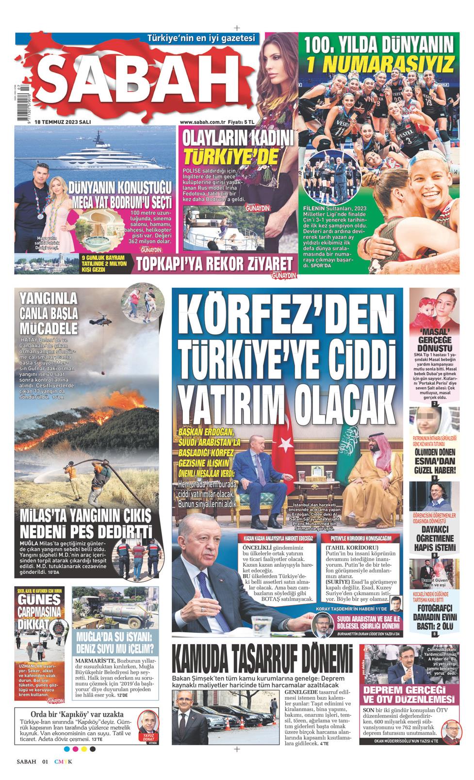 18 Temmuz 2023 Salı - Sabah gazetesi manşet
