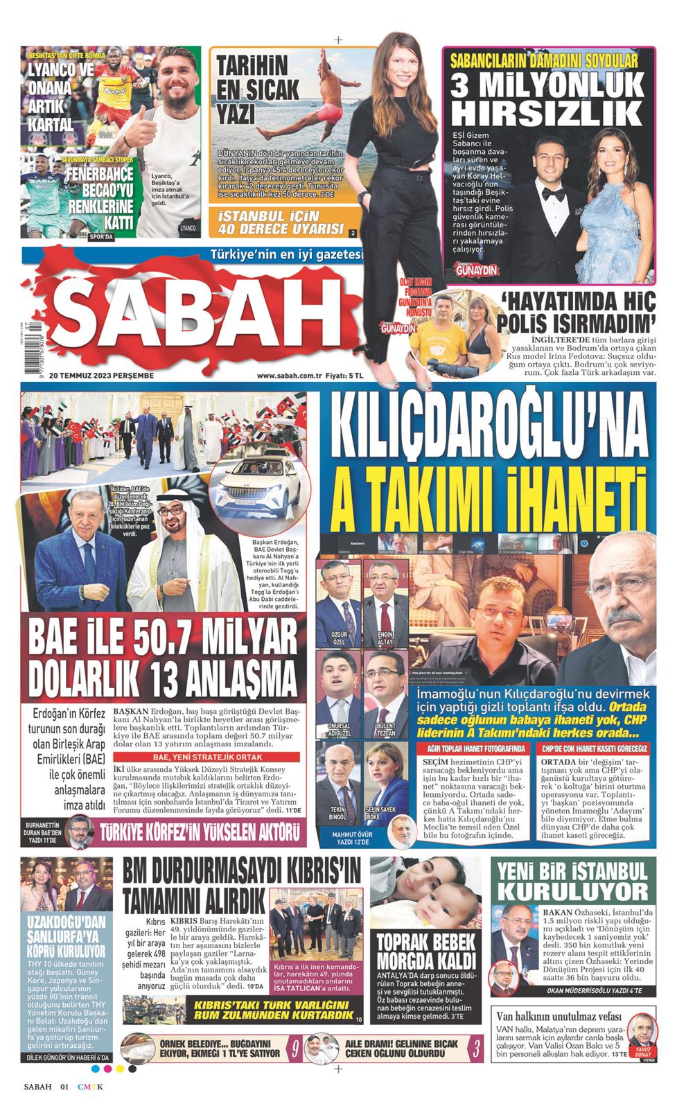 20 Temmuz 2023 Perşembe - Sabah gazetesi manşet