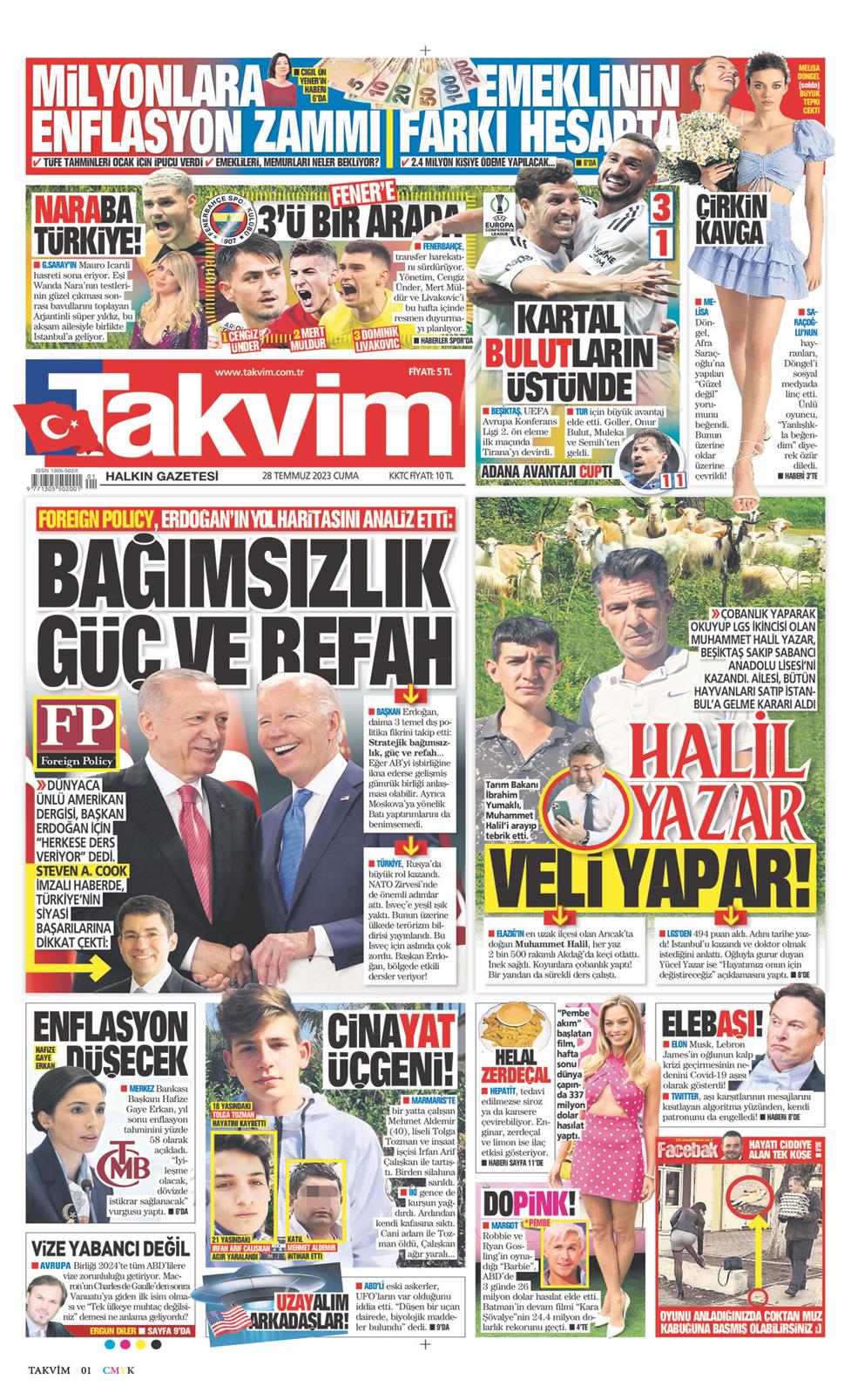 28 Temmuz 2023 Cuma - Takvim gazetesi manşet