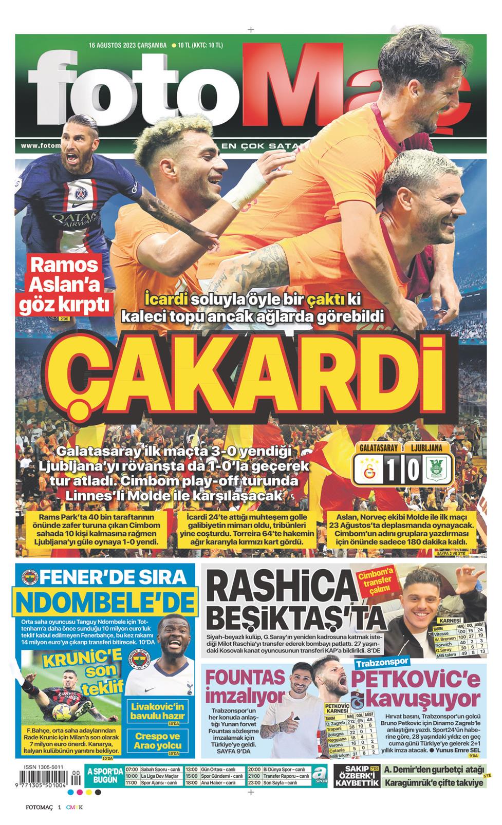 16 Ağustos 2023 Çarşamba - Fotomaç gazetesi manşet