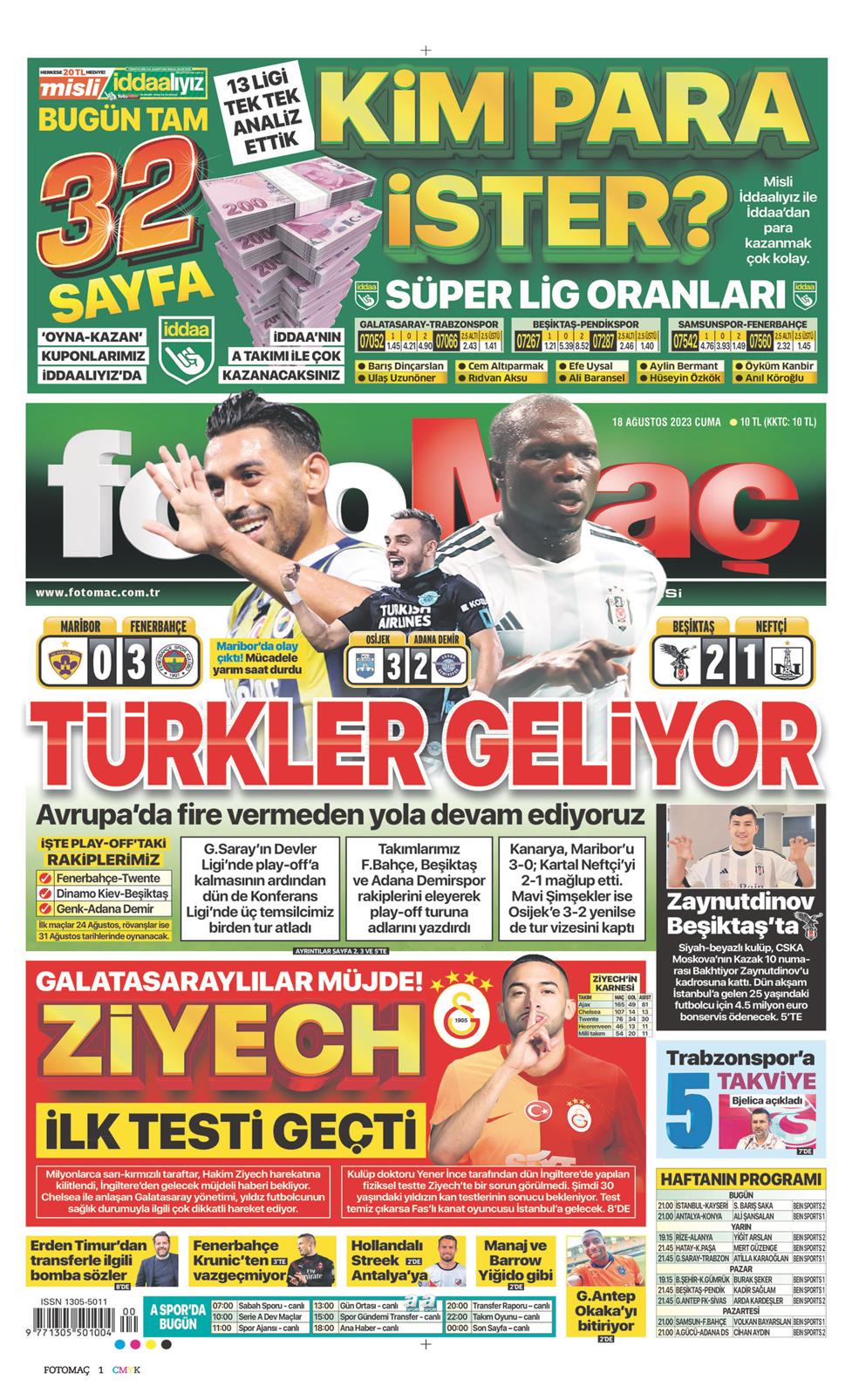 18 Ağustos 2023 Cuma - Fotomaç gazetesi manşet