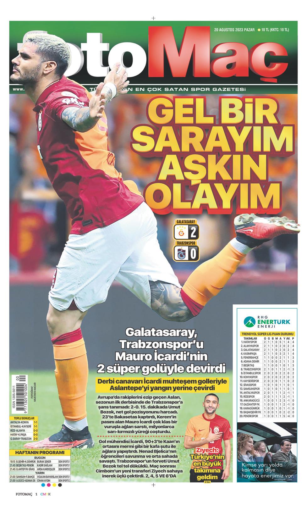 20 Ağustos 2023 Pazar - Fotomaç gazetesi manşet