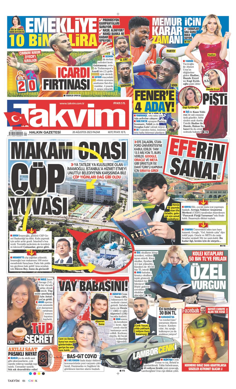Takvim Gazetesi 20 Ağustos 2023, Pazar Günü Manşeti