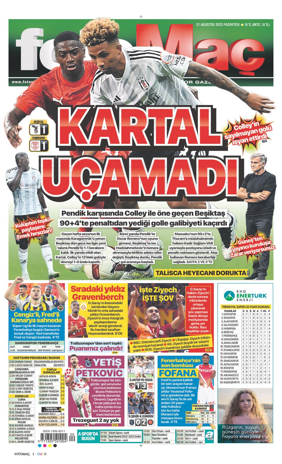 21 Ağustos 2023 Pazartesi - Fotomaç gazetesi manşet