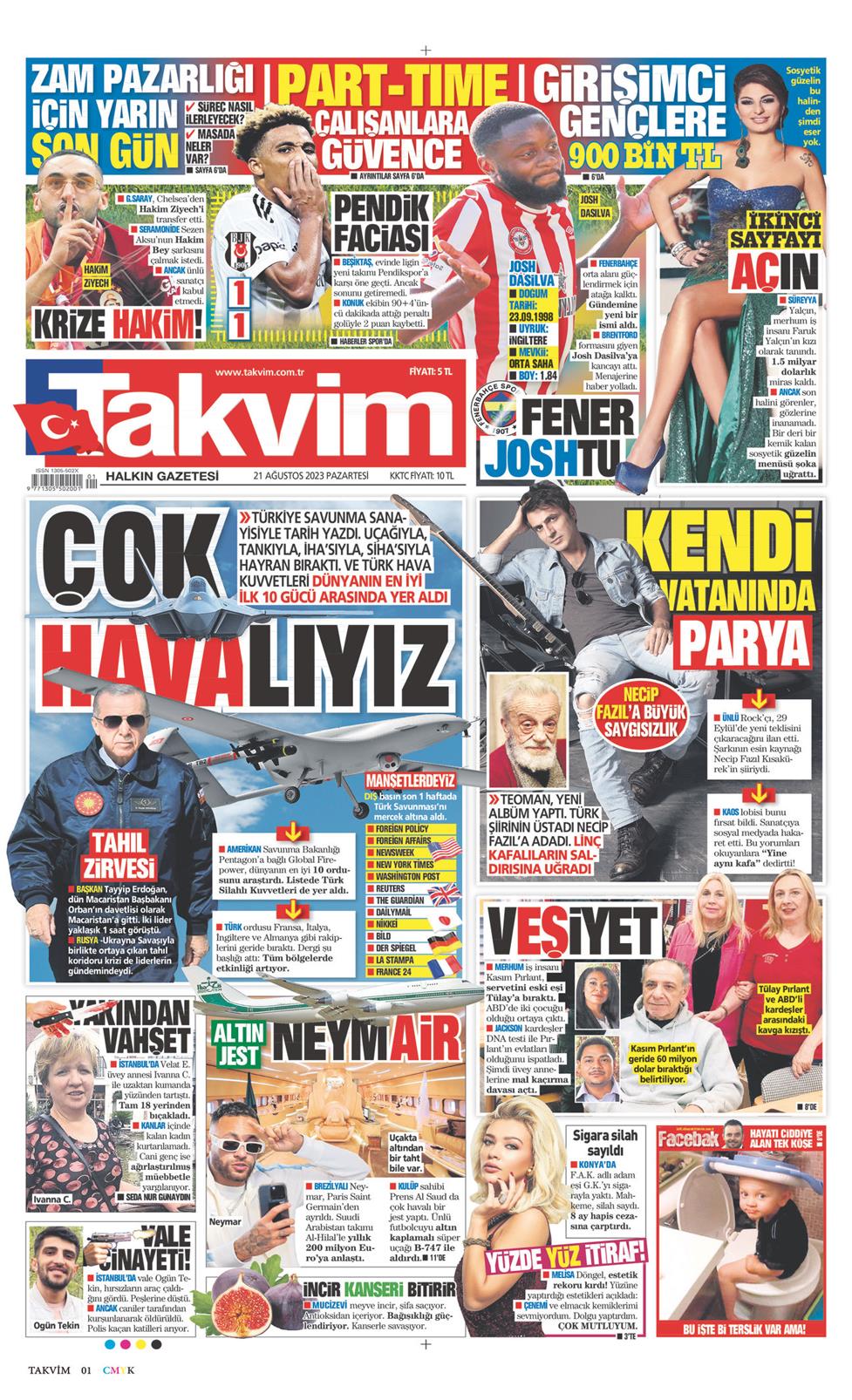 21 Ağustos 2023 Pazartesi - Takvim gazetesi manşet