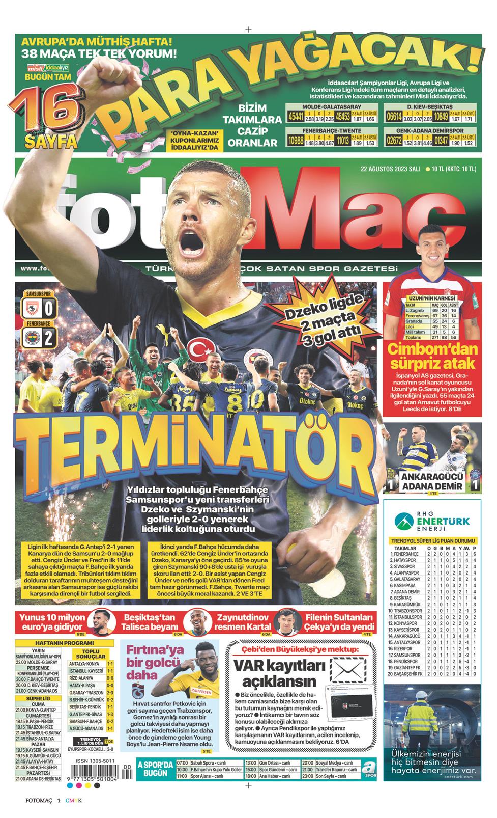22 Ağustos 2023 Salı - Fotomaç gazetesi manşet