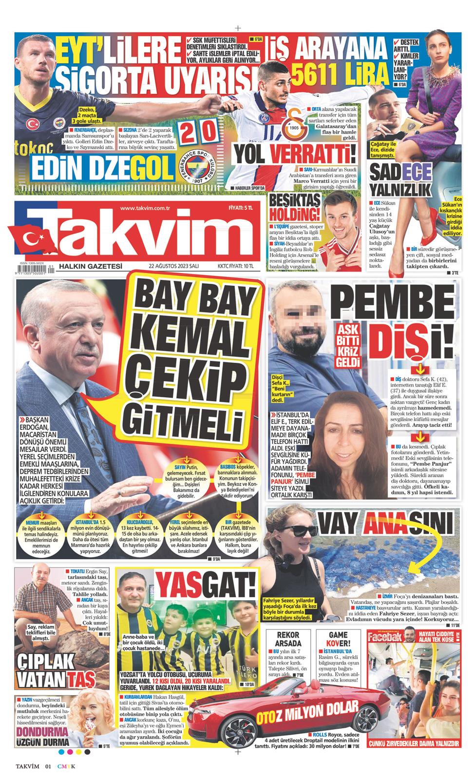 22 Ağustos 2023 Salı - Takvim gazetesi manşet