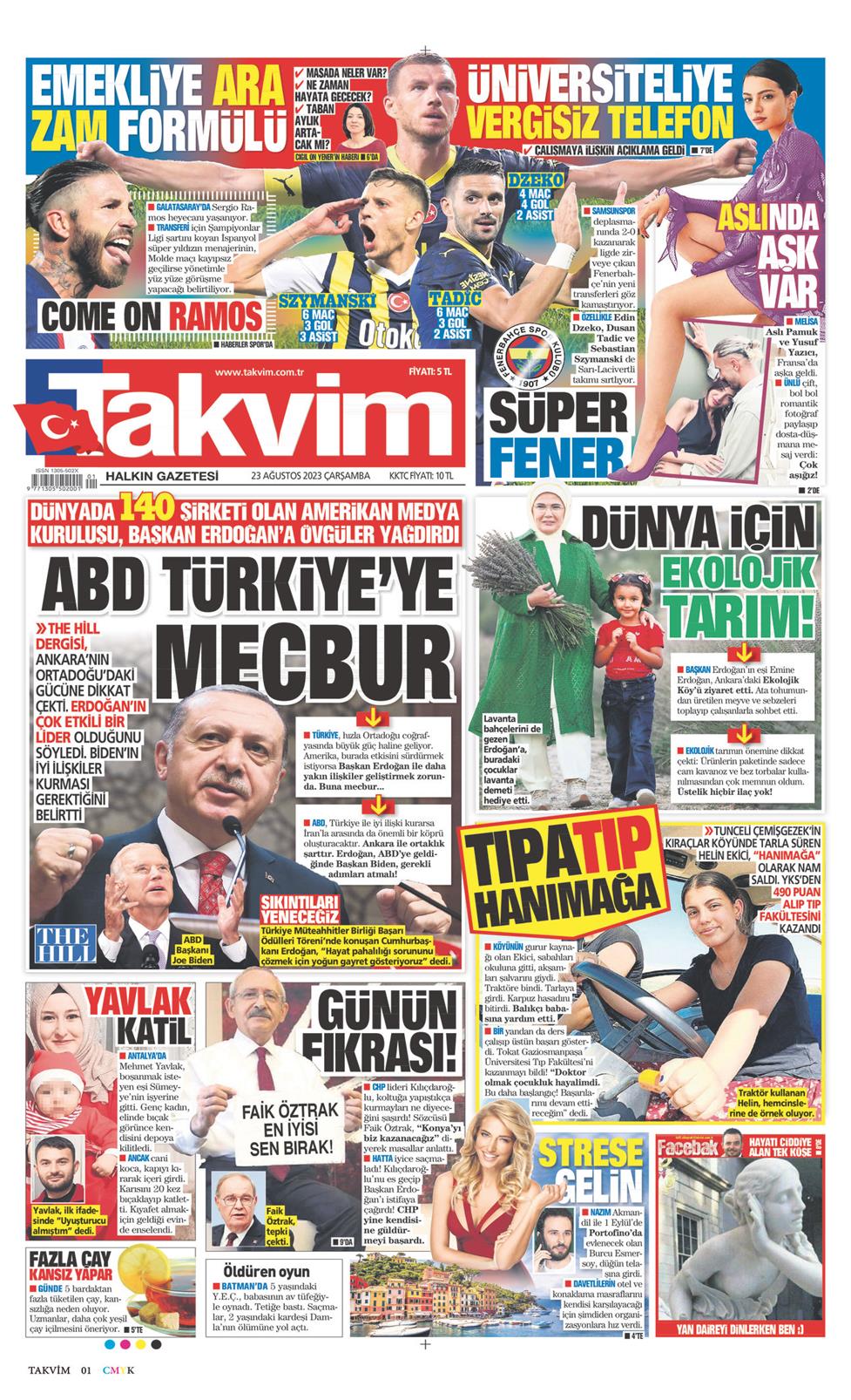 23 Ağustos 2023 Çarşamba - Takvim gazetesi manşet