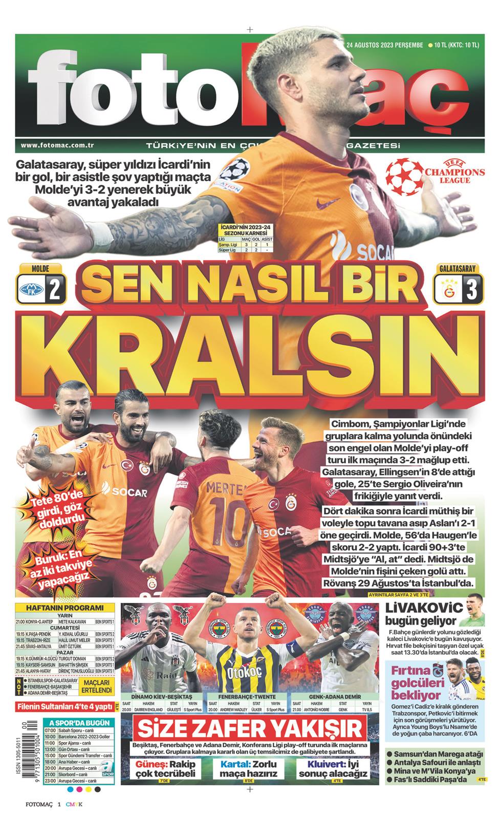 24 Ağustos 2023 Perşembe - Fotomaç gazetesi manşet
