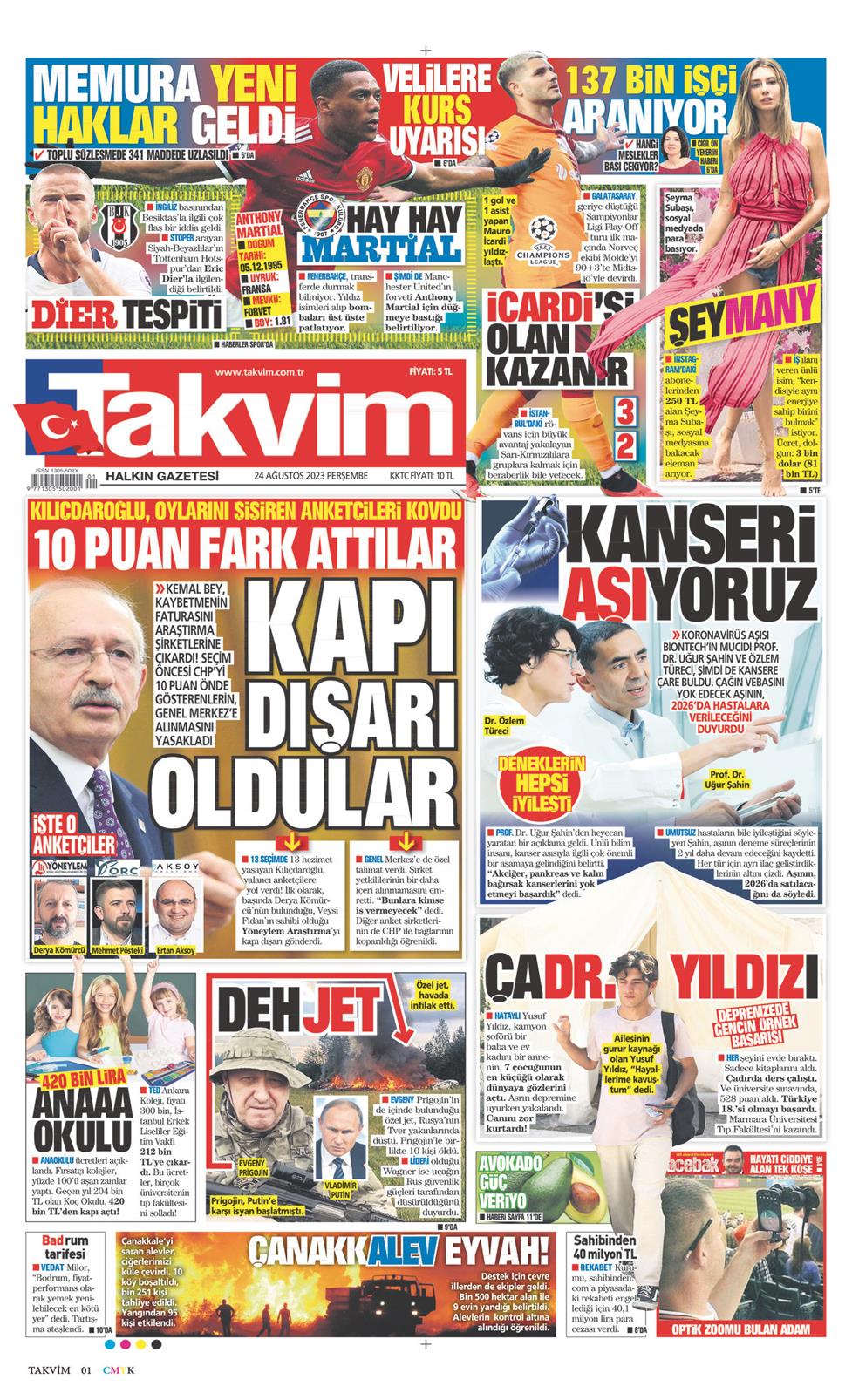 24 Ağustos 2023 Perşembe - Takvim gazetesi manşet