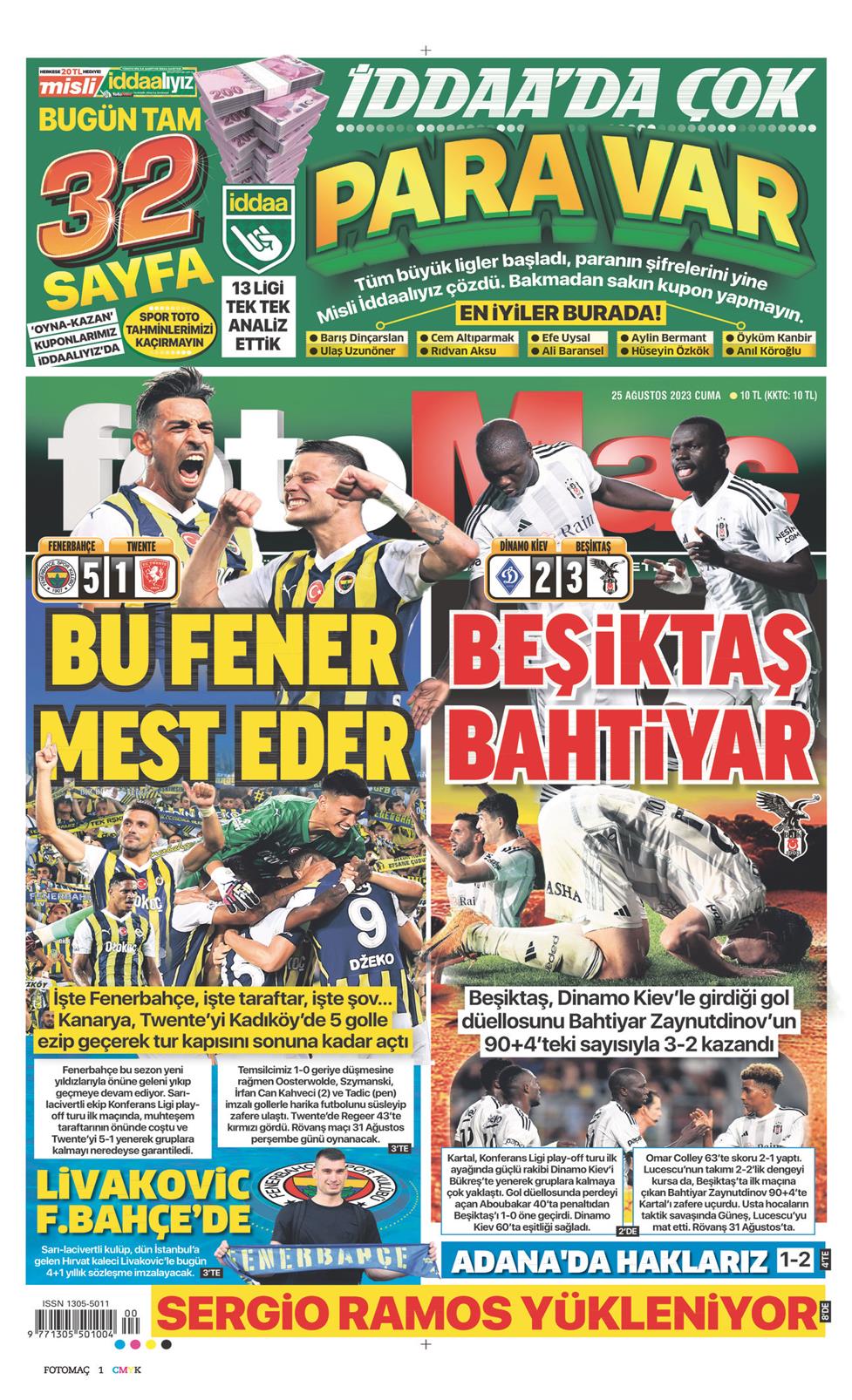 25 Ağustos 2023 Cuma - Fotomaç gazetesi manşet