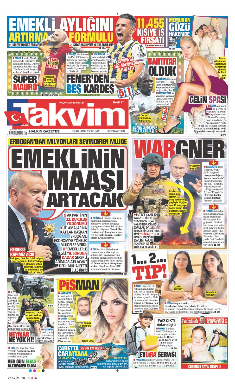 25 Ağustos 2023 Cuma - Takvim gazetesi manşet