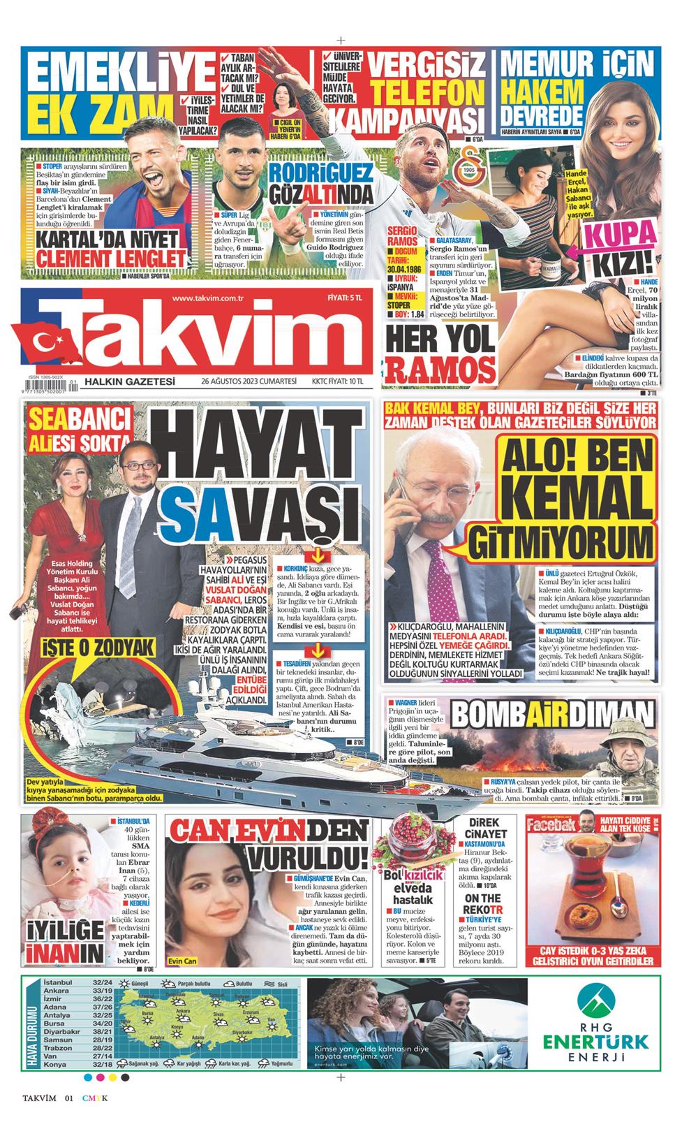 26 Ağustos 2023 Cumartesi - Takvim gazetesi manşet