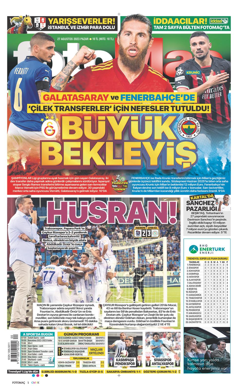 27 Ağustos 2023 Pazar - Fotomaç gazetesi manşet