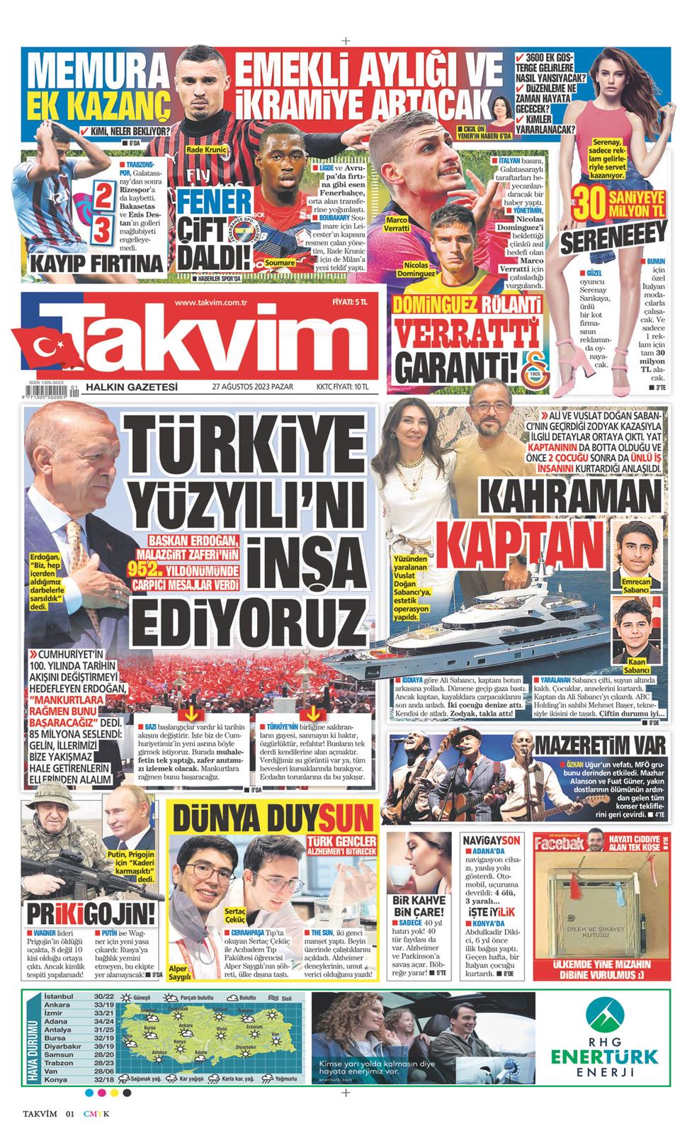27 Ağustos 2023 Pazar - Takvim gazetesi manşet