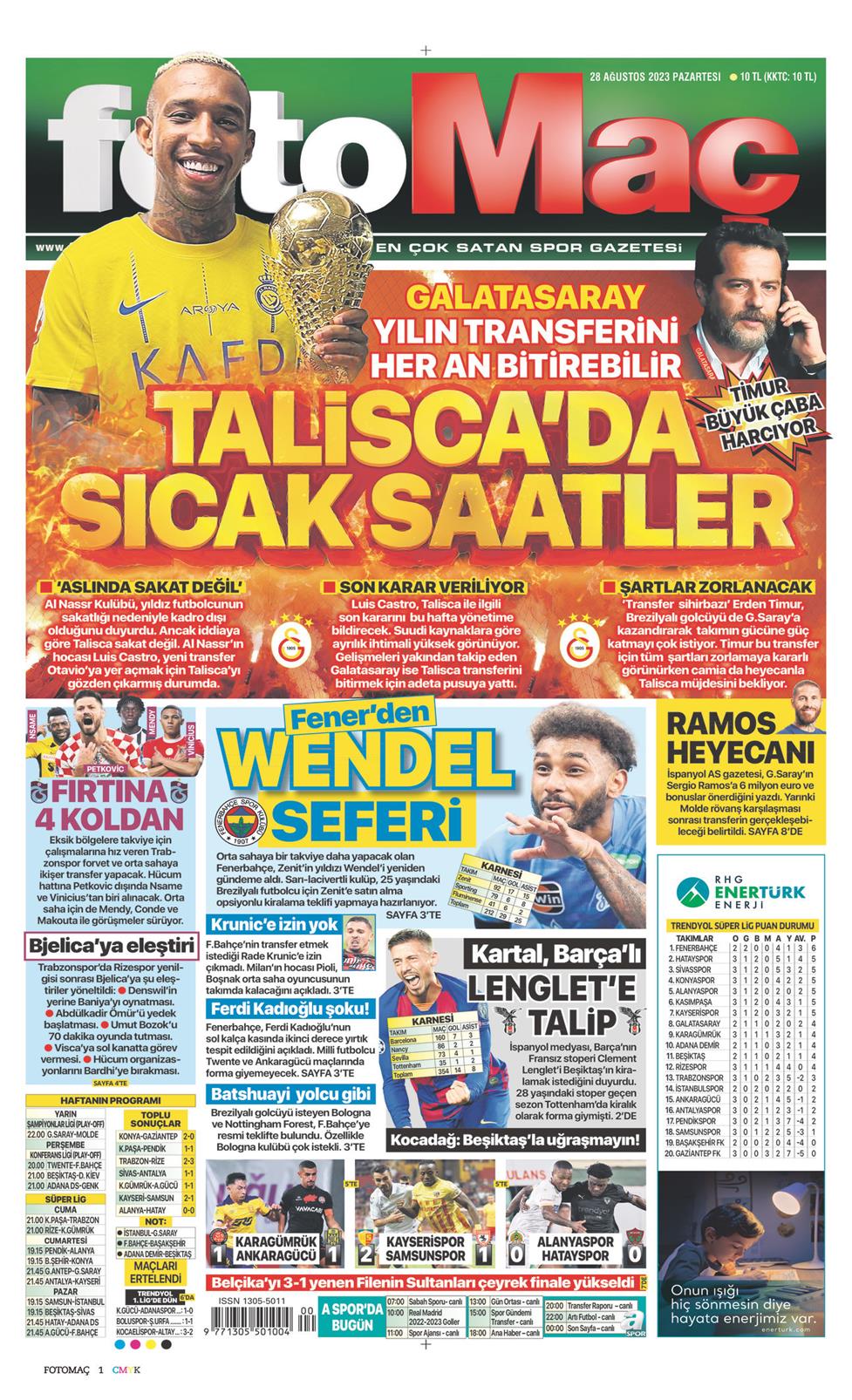 28 Ağustos 2023 Pazartesi - Fotomaç gazetesi manşet