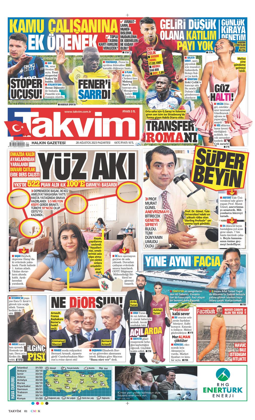 28 Ağustos 2023 Pazartesi - Takvim gazetesi manşet