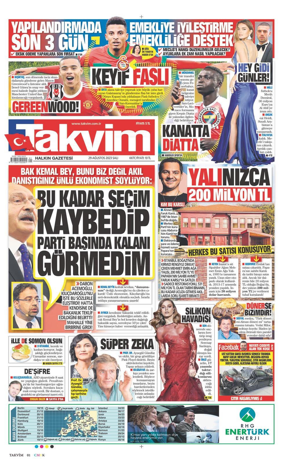 29 Ağustos 2023 Salı - Takvim gazetesi manşet