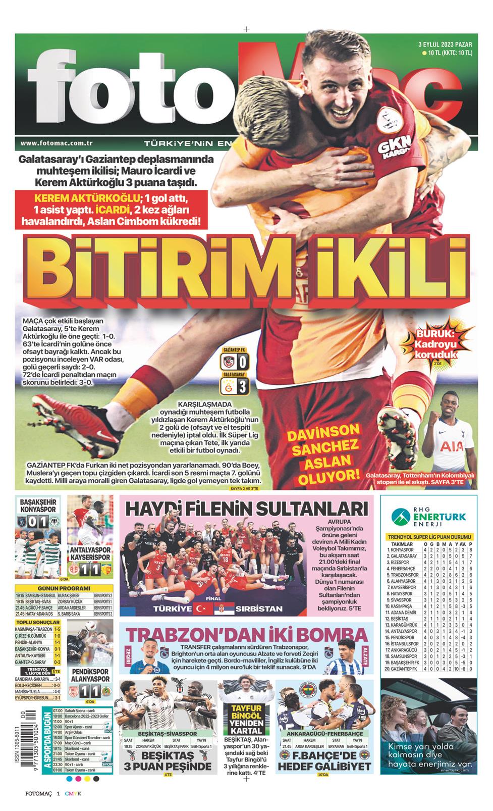 03 Eylül 2023 Pazar - Fotomaç gazetesi manşet