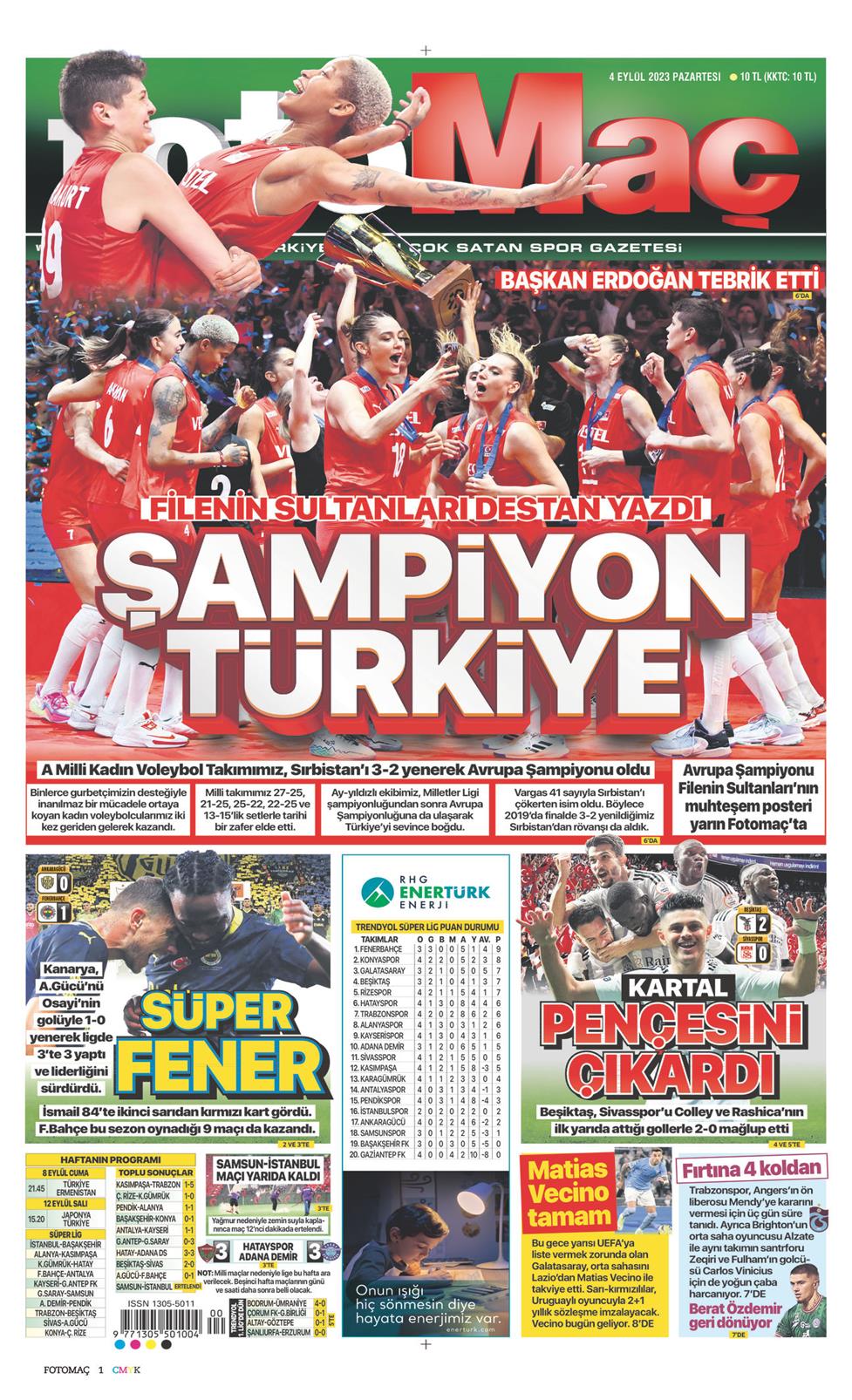 04 Eylül 2023 Pazartesi - Fotomaç gazetesi manşet