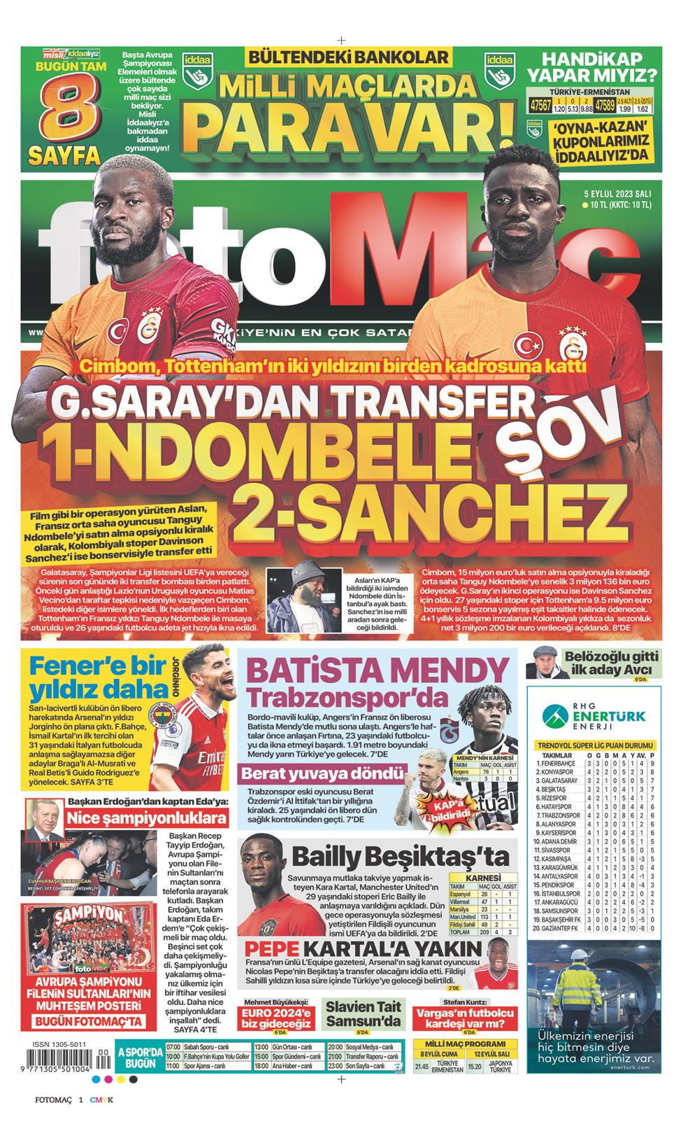 05 Eylül 2023 Salı - Fotomaç gazetesi manşet