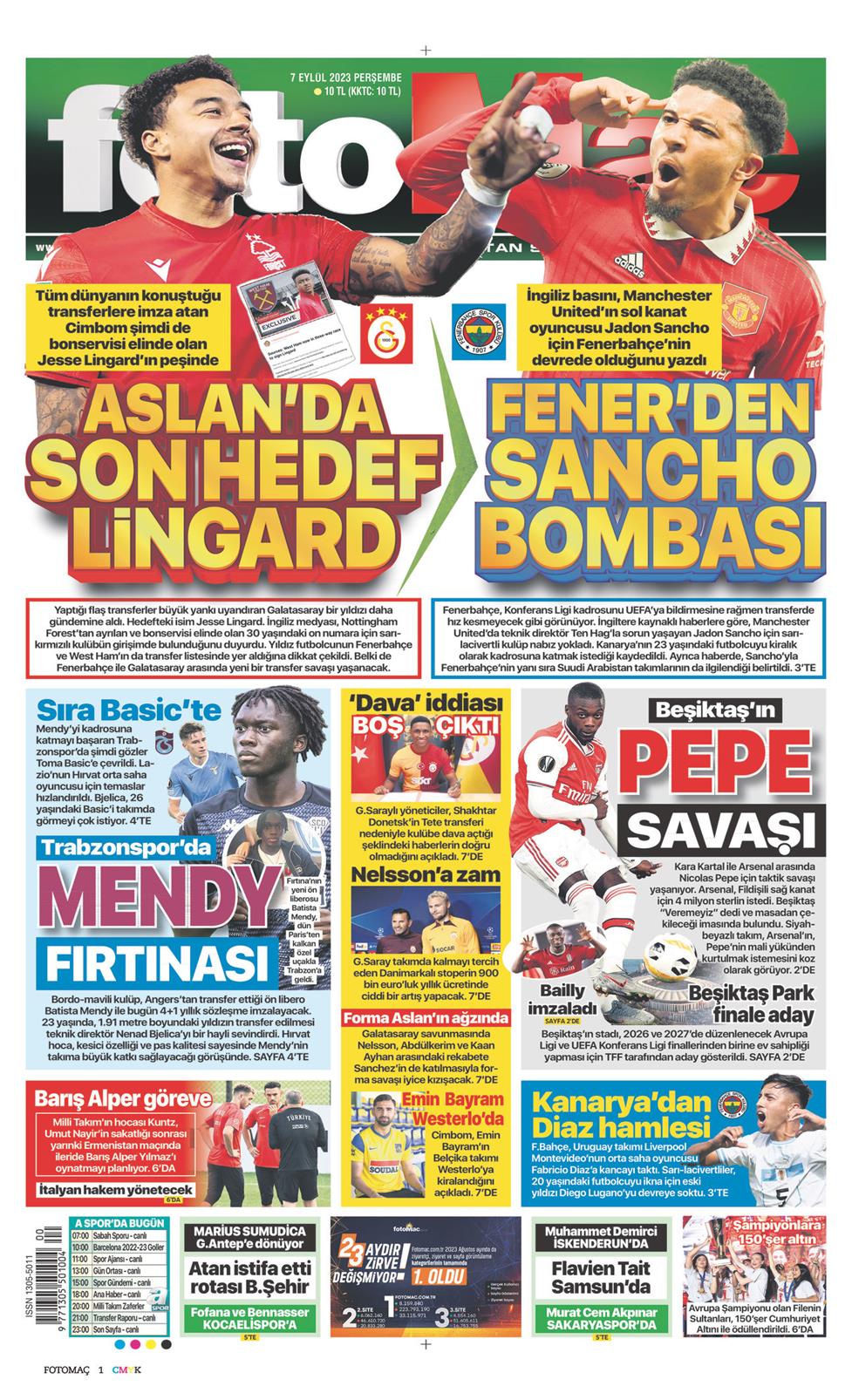 07 Eylül 2023 Perşembe - Fotomaç gazetesi manşet