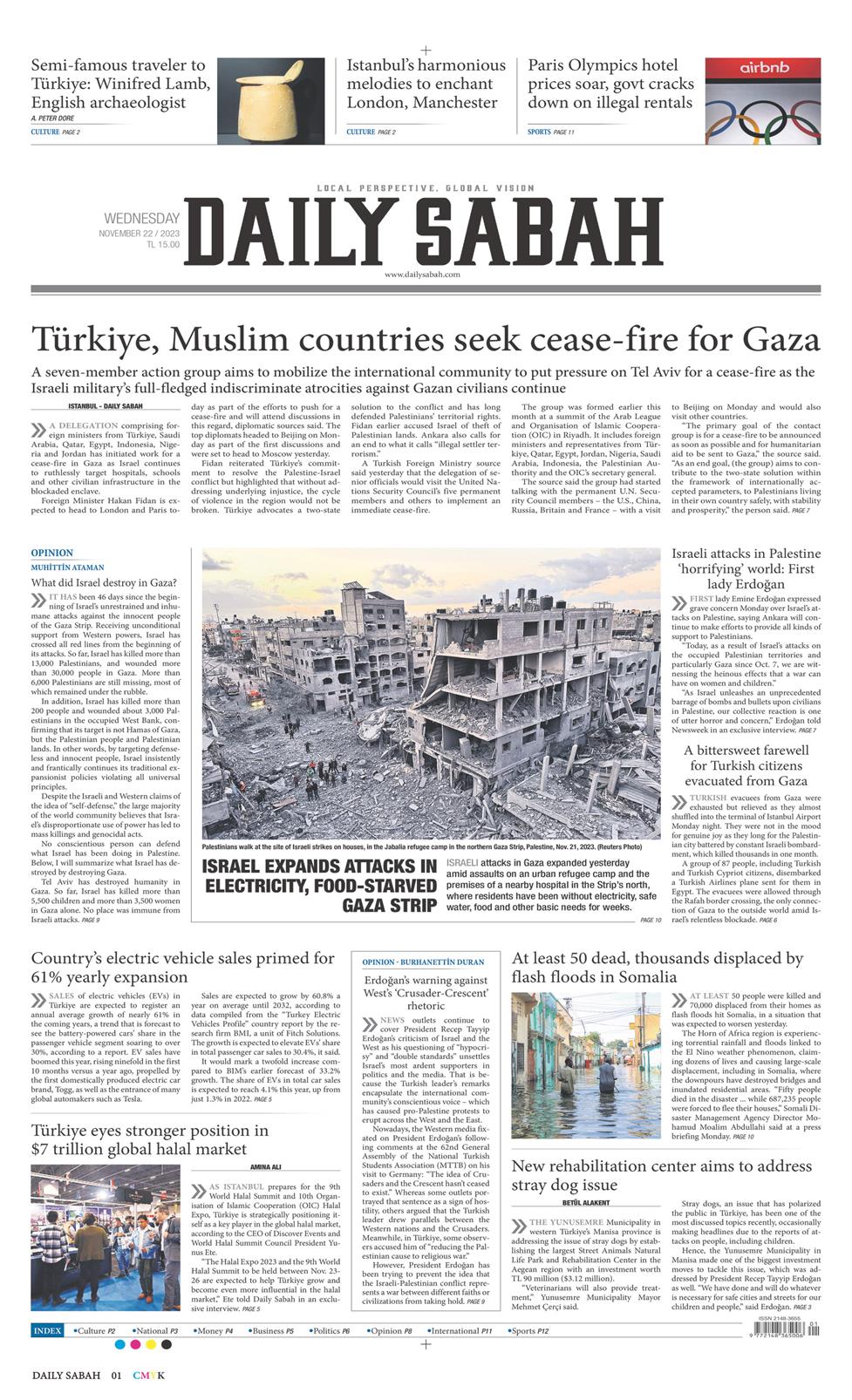 22 Kasım 2023 Çarşamba - Daily Sabah gazetesi manşet