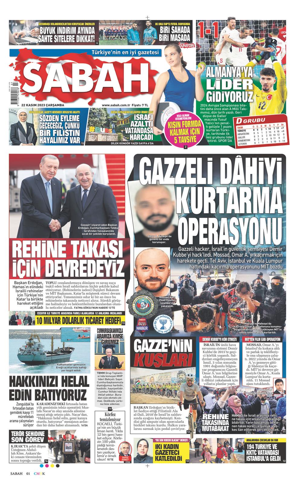 22 Kasım 2023 Çarşamba - Sabah gazetesi manşet