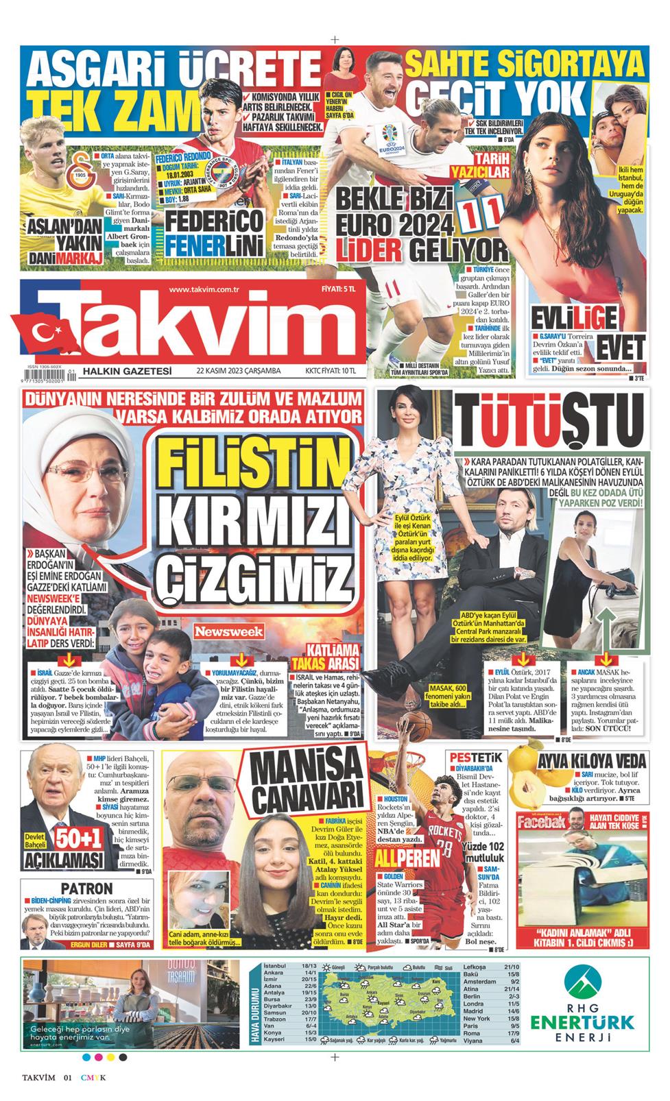 22 Kasım 2023 Çarşamba - Takvim gazetesi manşet