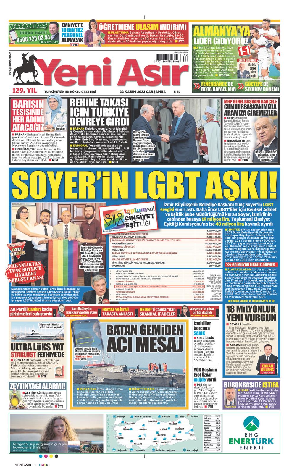 22 Kasım 2023 Çarşamba - Yeni Asır gazetesi manşet