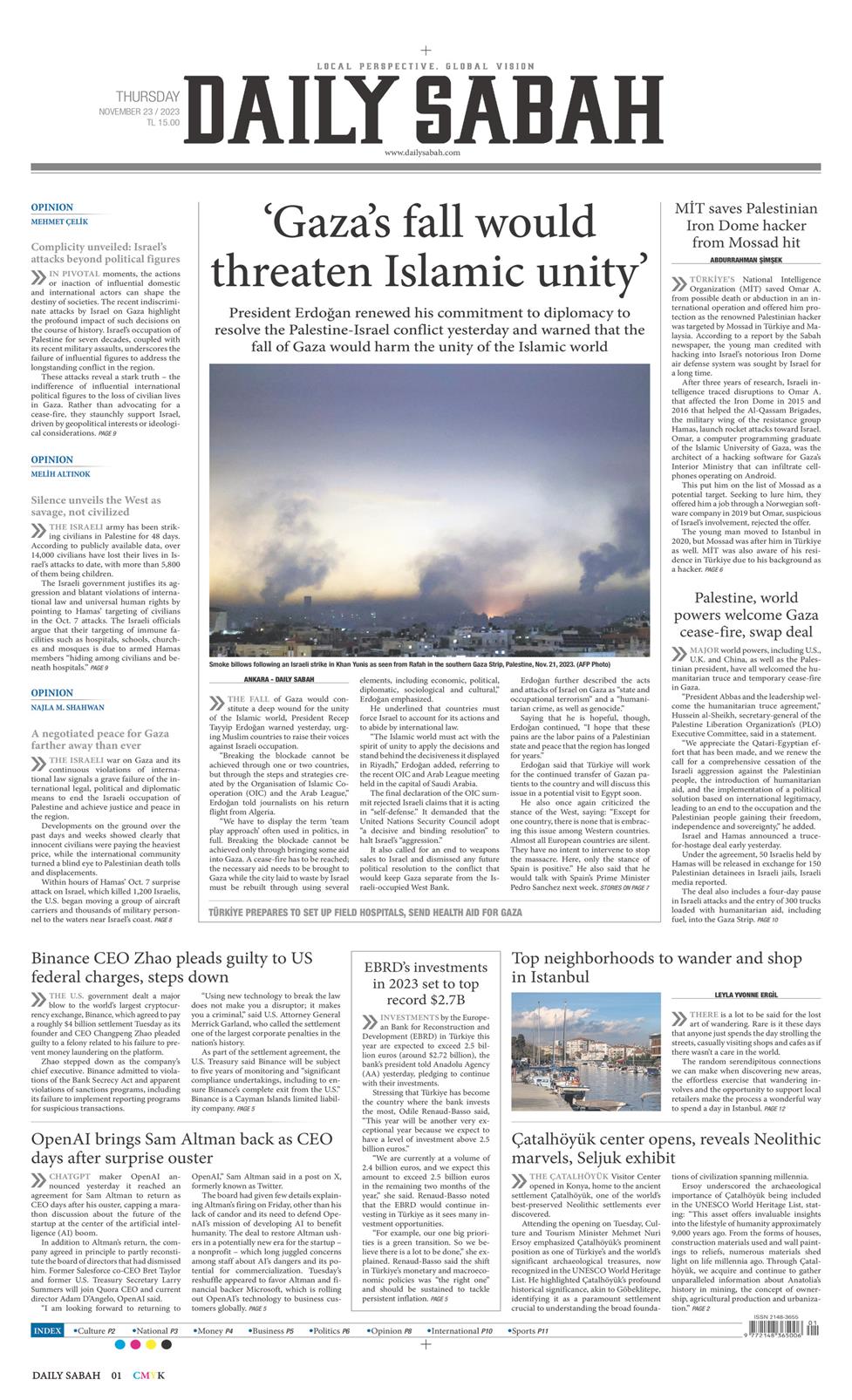 23 Kasım 2023 Perşembe - Daily Sabah gazetesi manşet