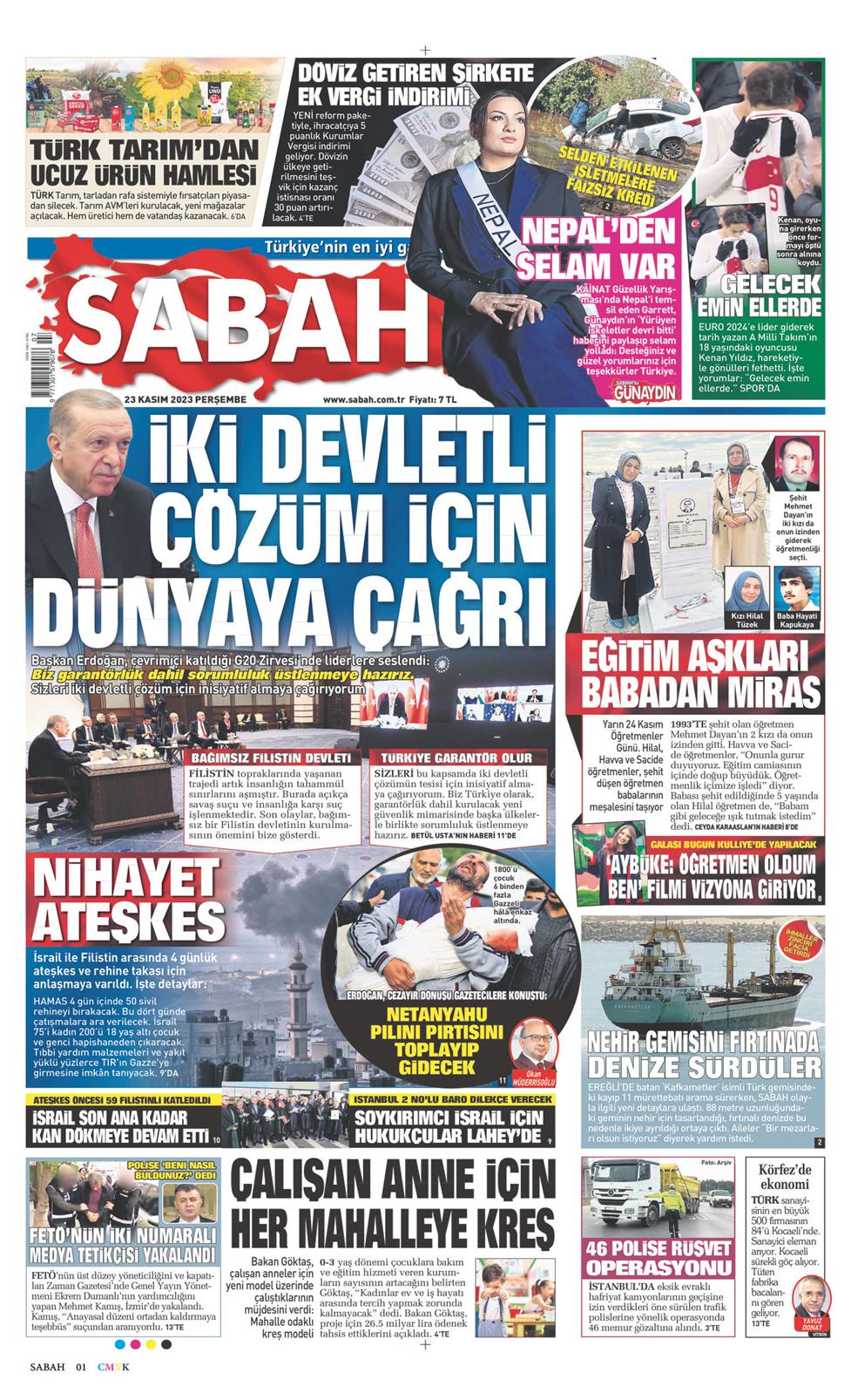 23 Kasım 2023 Perşembe - Sabah gazetesi manşet